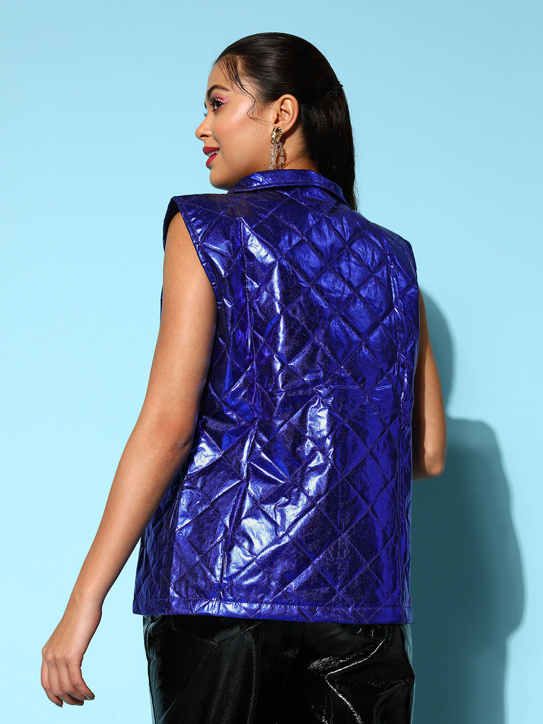 Royal Blue Metallic Sleeveless Puffer Jacket-SASSAFRAS