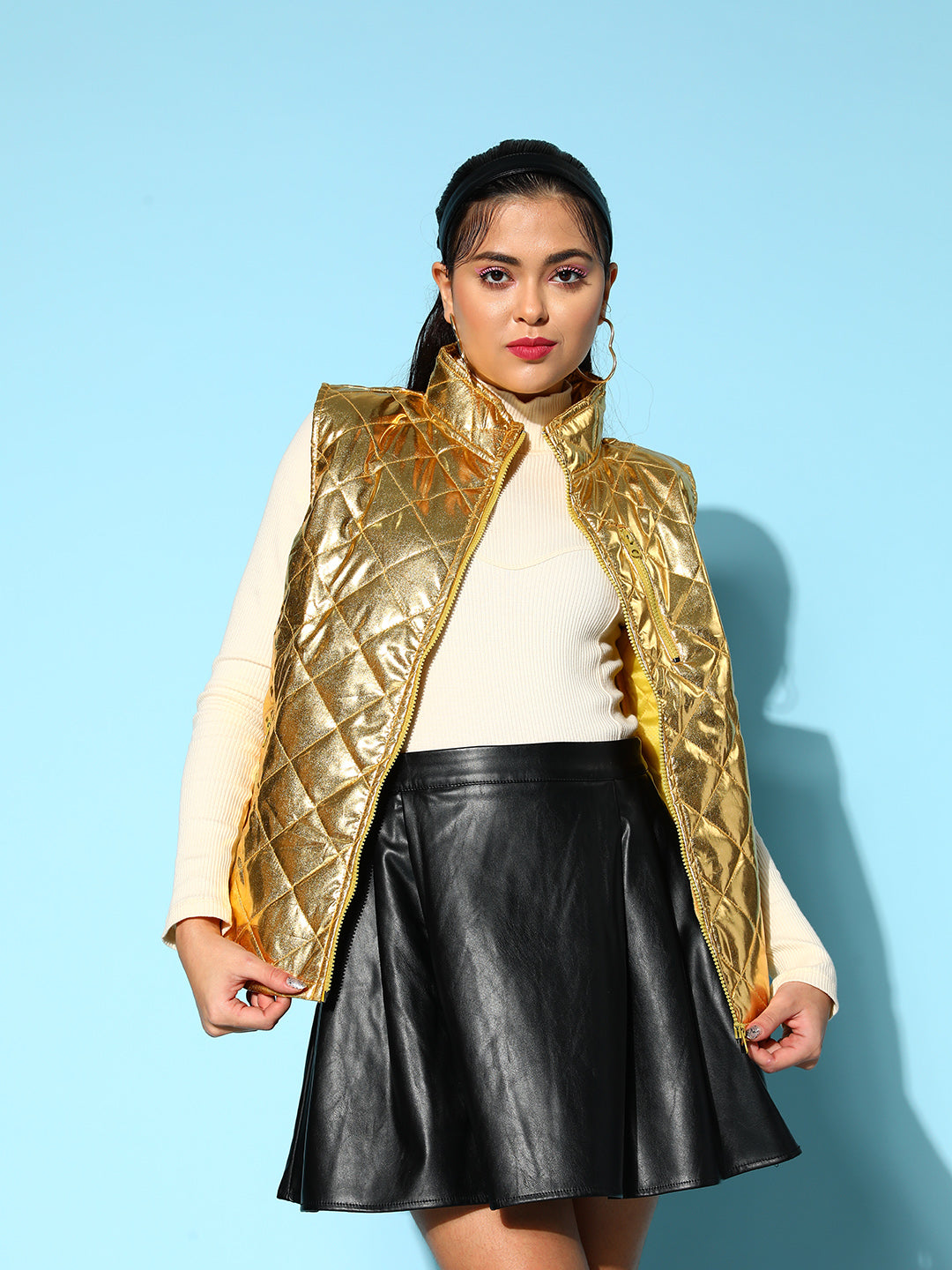 Gold Metallic Sleeveless Puffer Jacket-SASSAFRAS