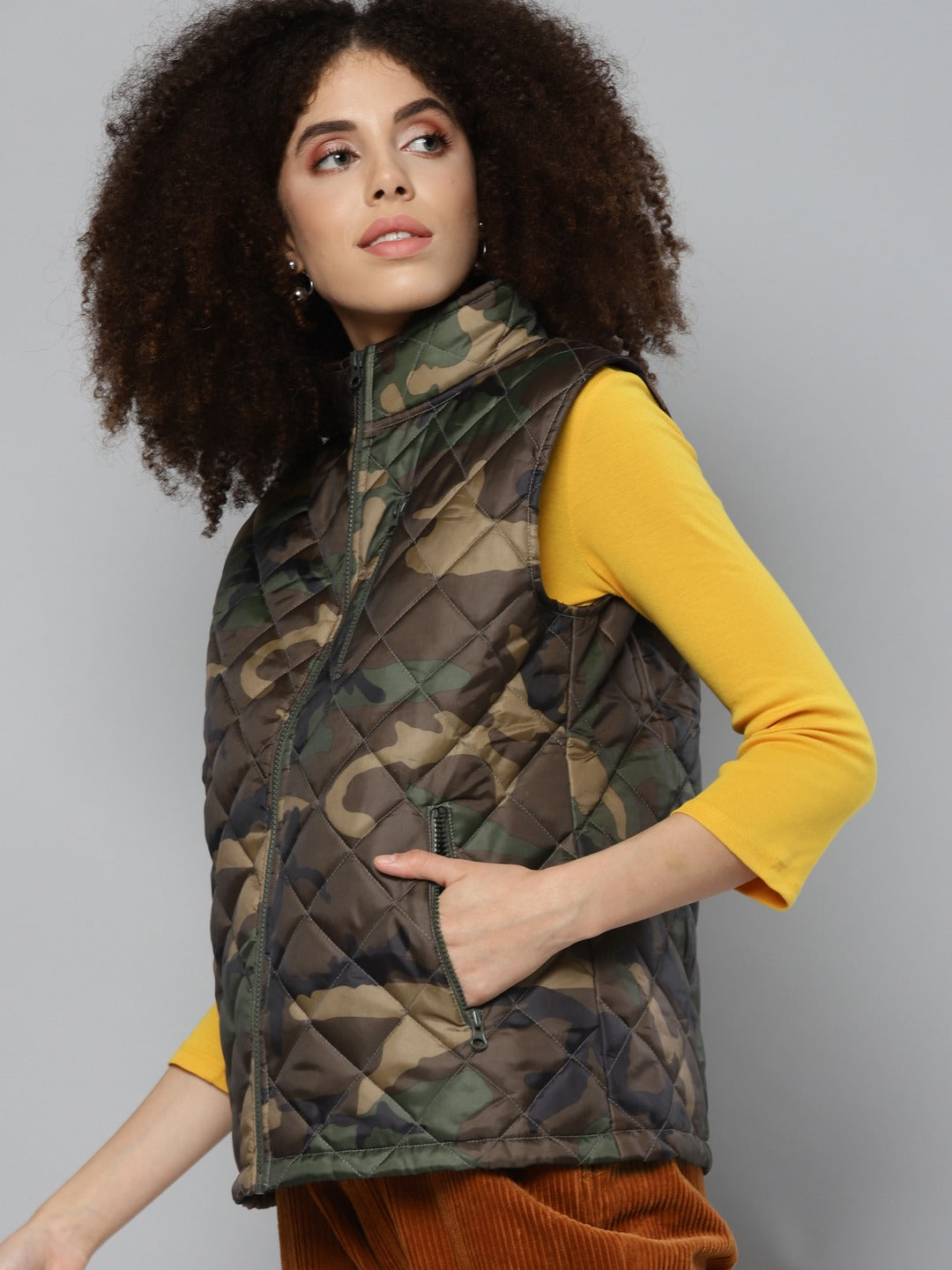 Women Green Camouflage Sleeveless Jacket