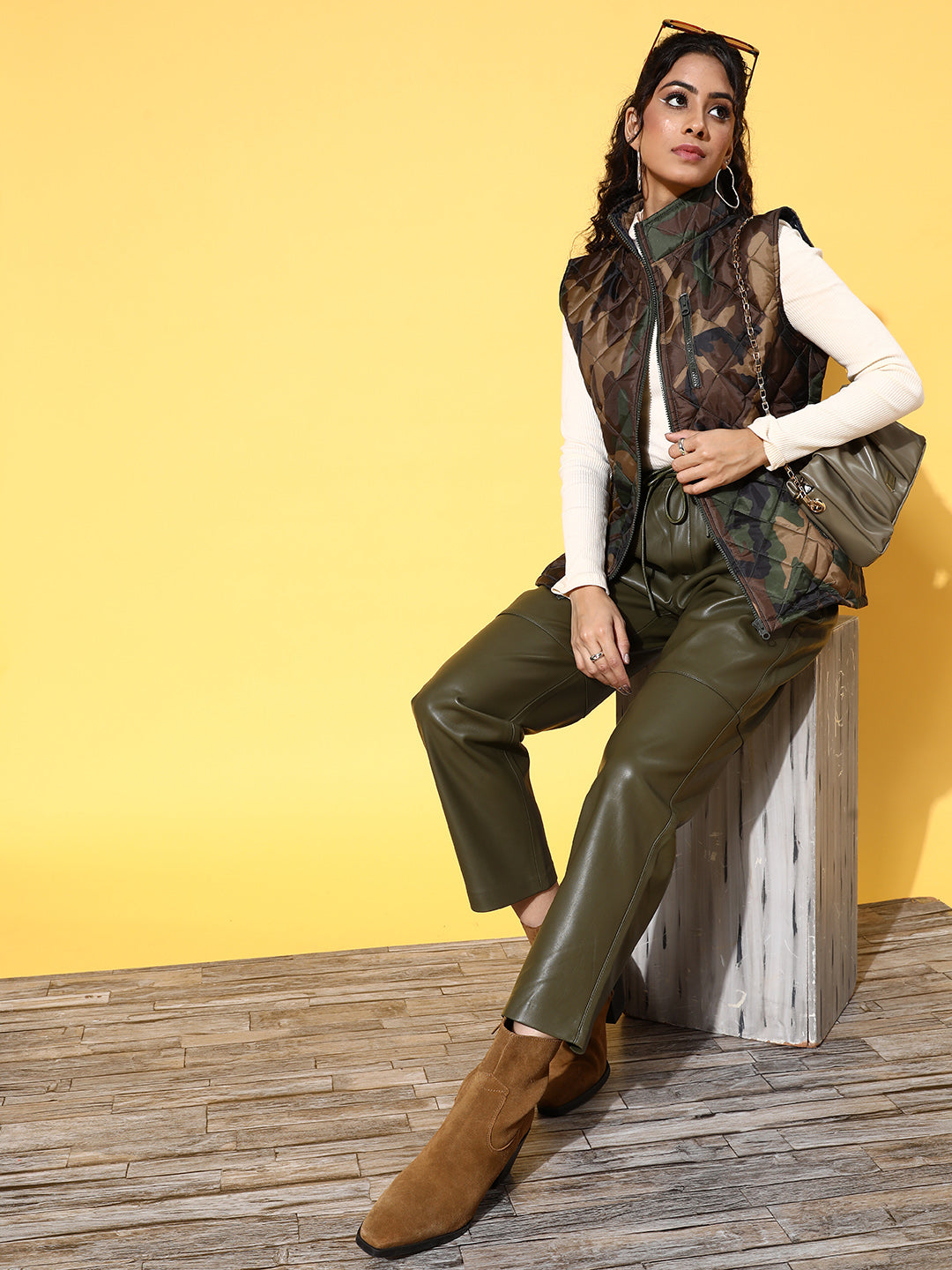 Green Camouflage Sleeveless Puffer Jacket-SASSAFRAS