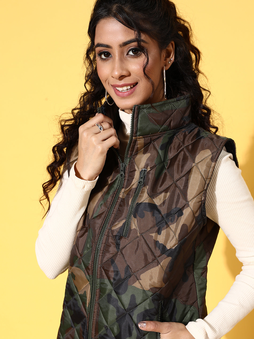 Green Camouflage Sleeveless Puffer Jacket-SASSAFRAS