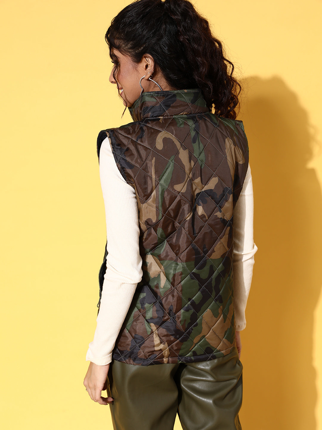 Green Camouflage Sleeveless Puffer Jacket-SASSAFRAS