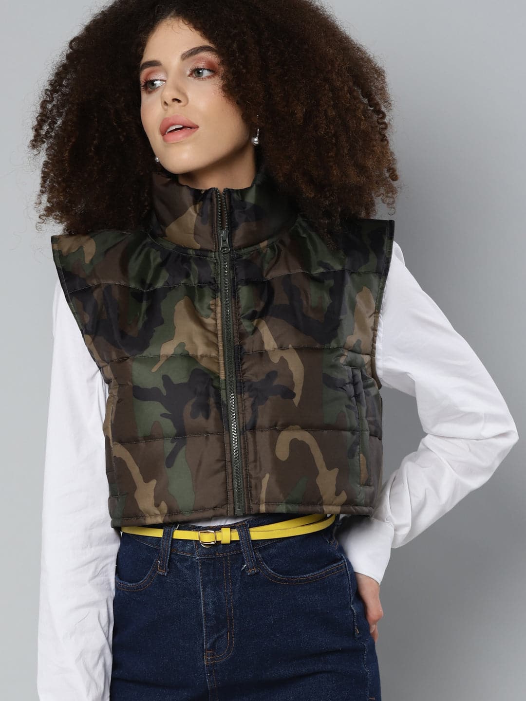 Camouflage Sleeveless Puffer Crop Jacket-Jackets-SASSAFRAS