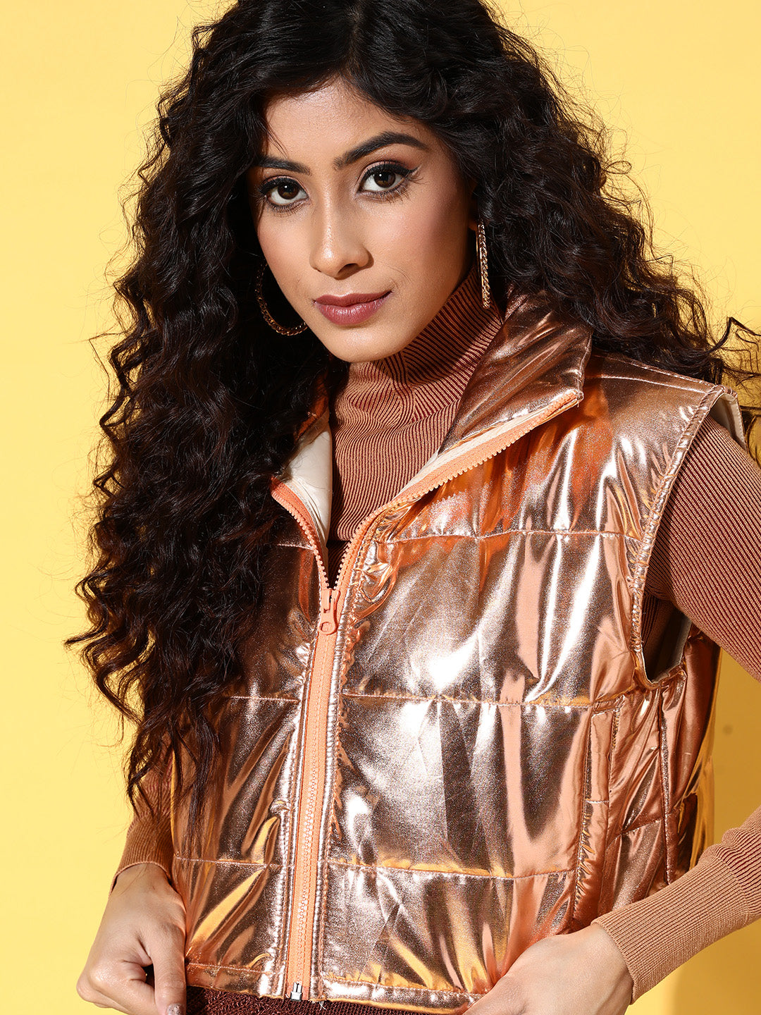 Copper Mettalic Sleeveless Puffer Crop Jacket-SASSAFRAS