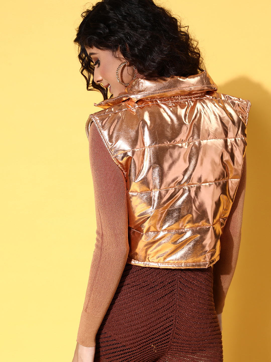 Copper Mettalic Sleeveless Puffer Crop Jacket-SASSAFRAS