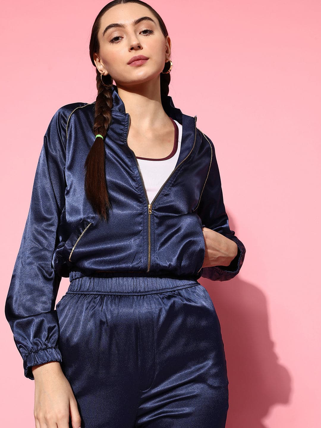 Navy Lycra Satin Constrast Piping Bomber Jacket-SASSAFRAS