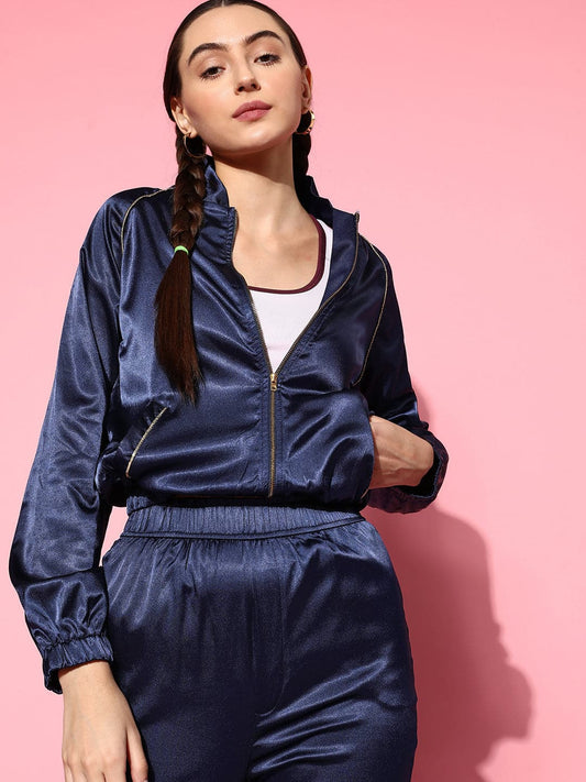 Navy Lycra Satin Constrast Piping Bomber Jacket-SASSAFRAS