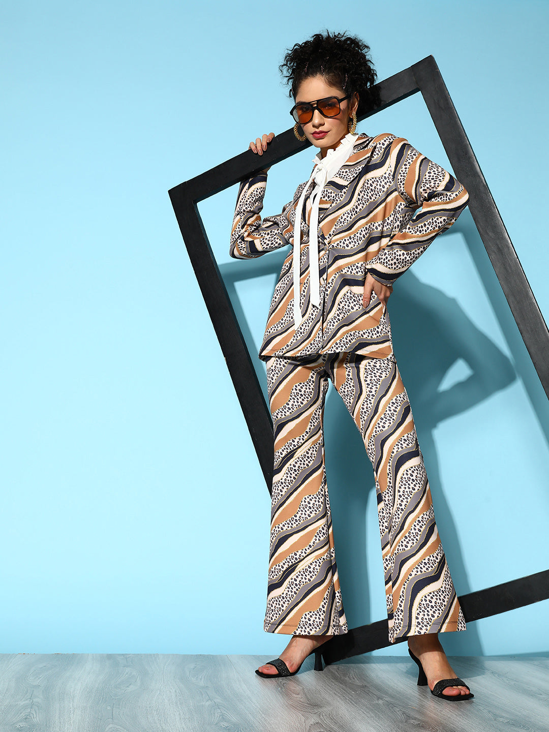 Brown Cheetah Stripes Scuba Double Breasted Blazer -SASSAFRAS