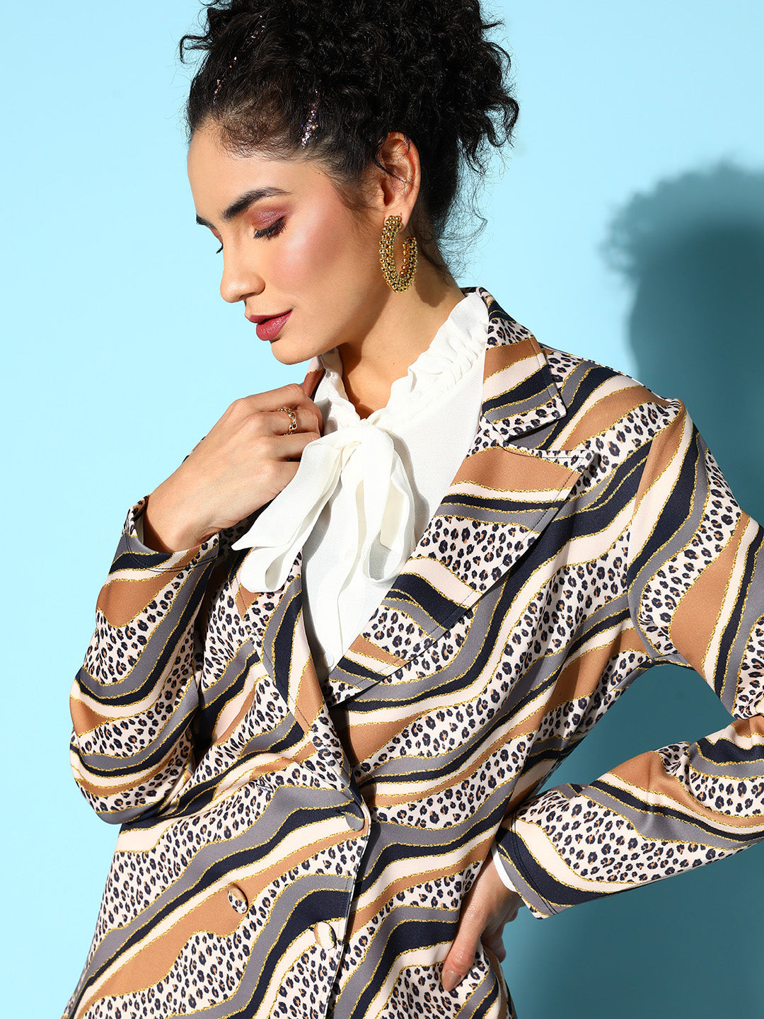 Brown Cheetah Stripes Scuba Double Breasted Blazer -SASSAFRAS