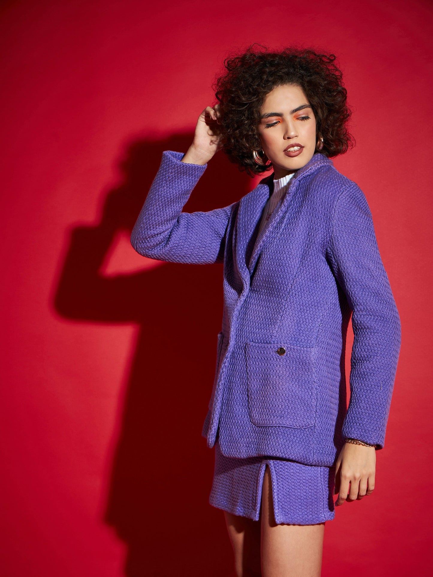 Women Purple Tweed Notch Collar Blazer