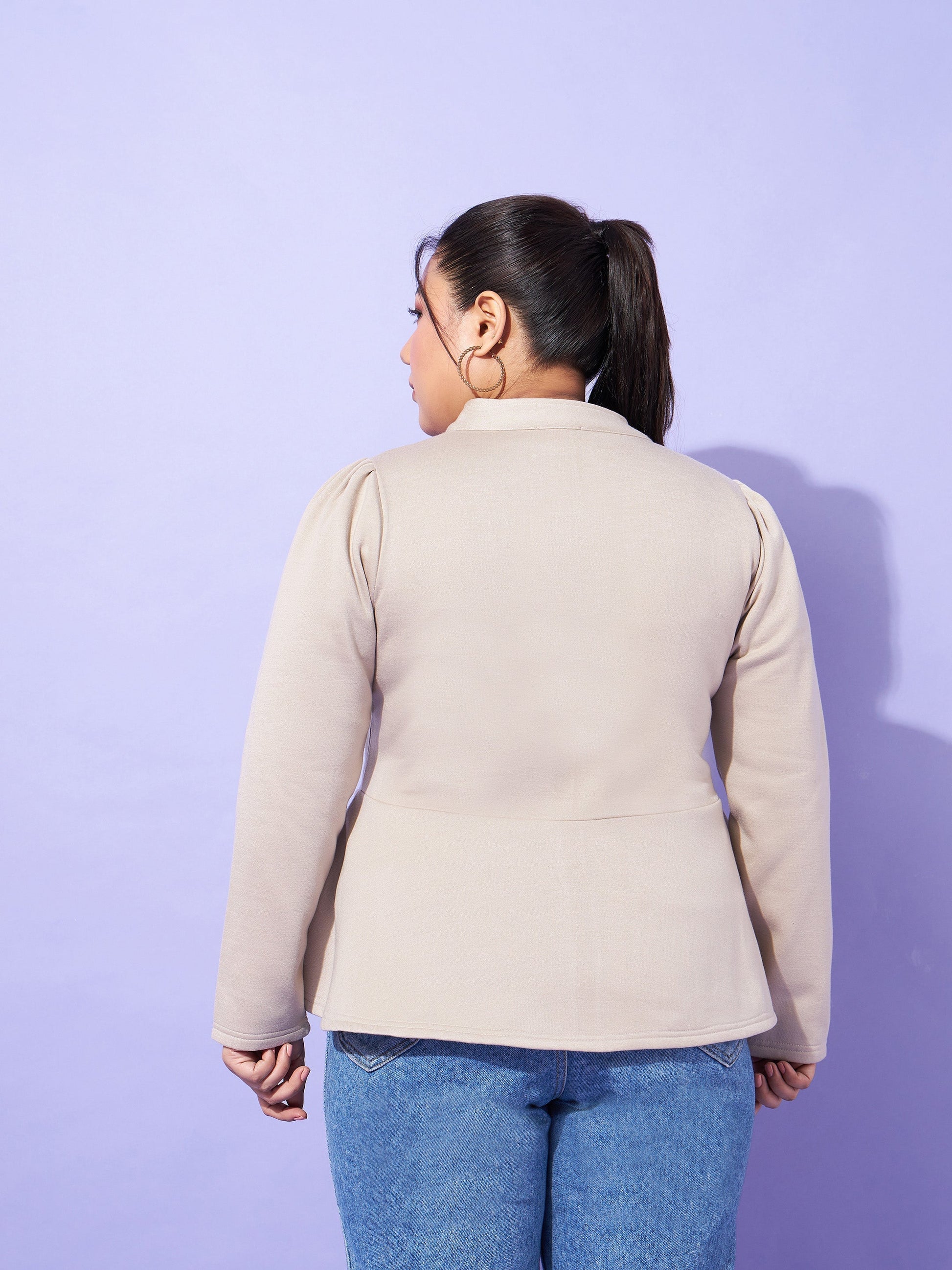 Grey Fleece Button Peplum Jacket-SASSAFRAS Curve