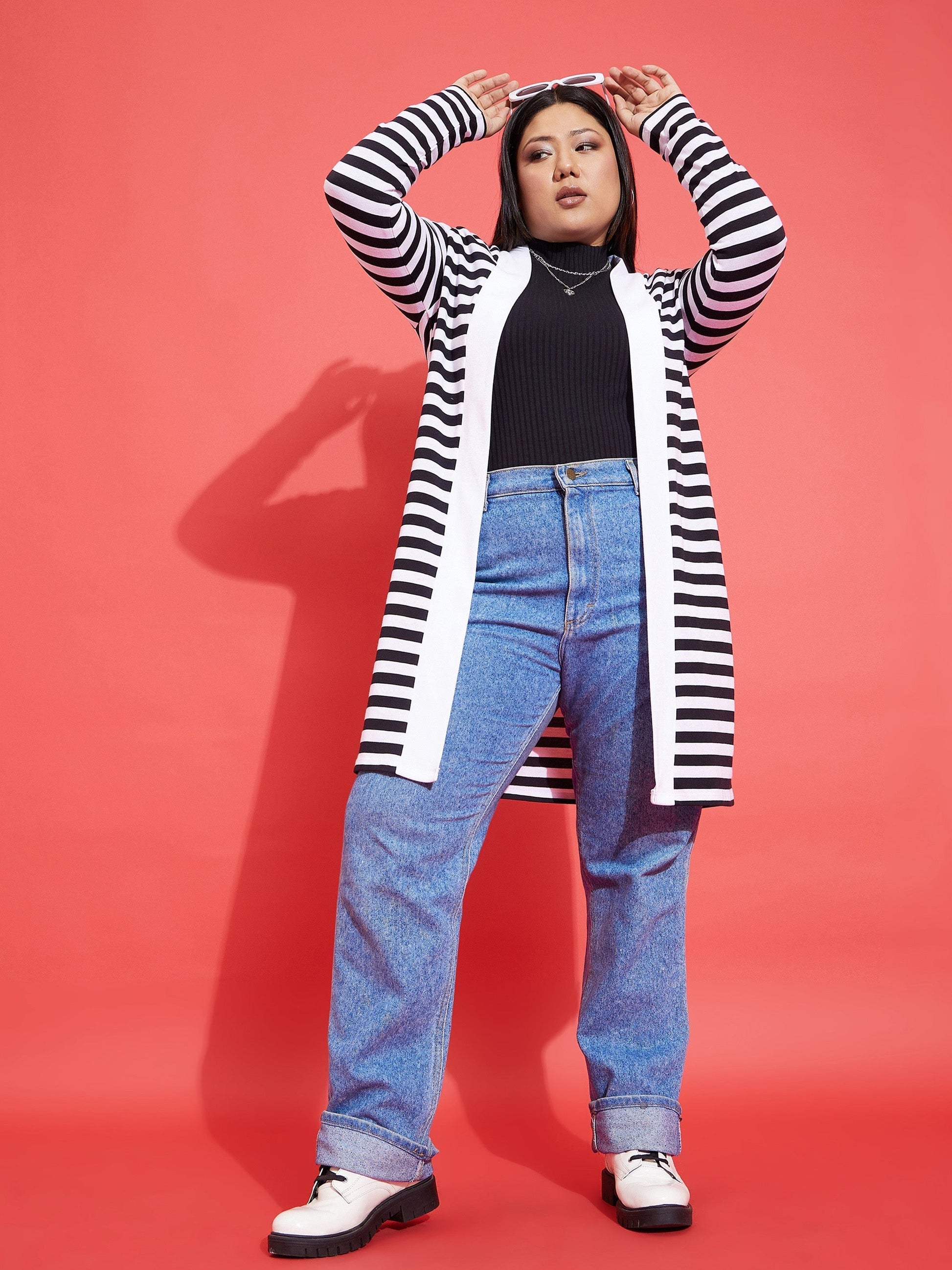 Black & White Striped Front Open Shrug-SASSAFRAS Curve