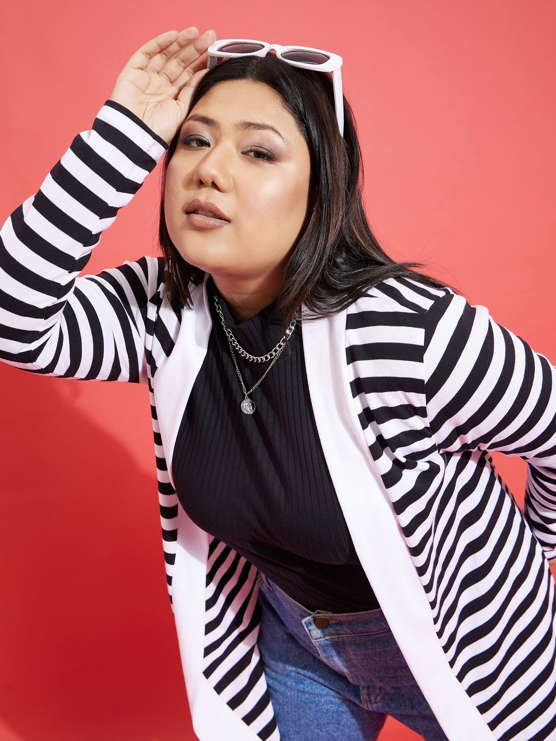 Black & White Striped Front Open Shrug-SASSAFRAS Curve