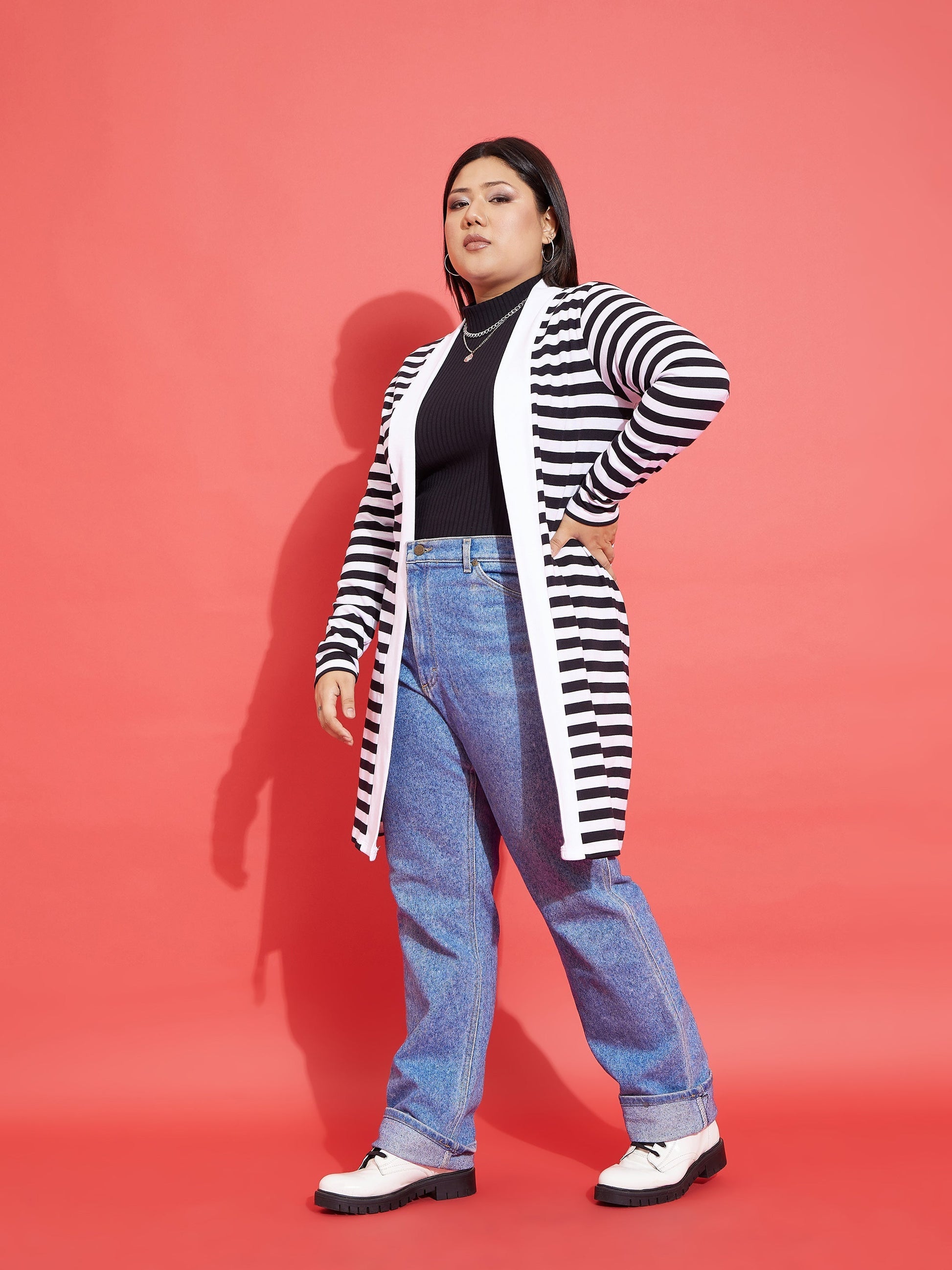 Black & White Striped Front Open Shrug-SASSAFRAS Curve