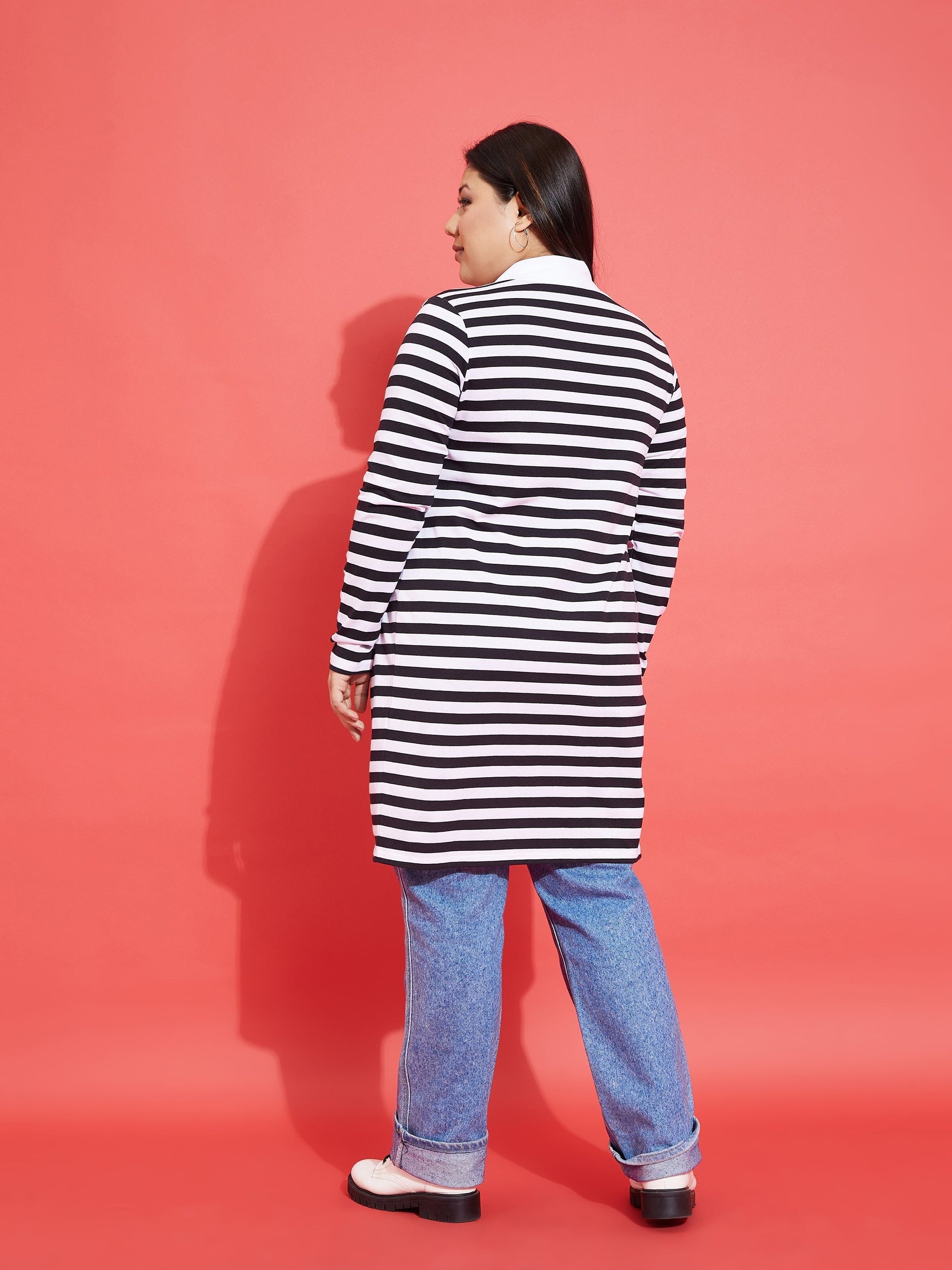 Black & White Striped Front Open Shrug-SASSAFRAS Curve