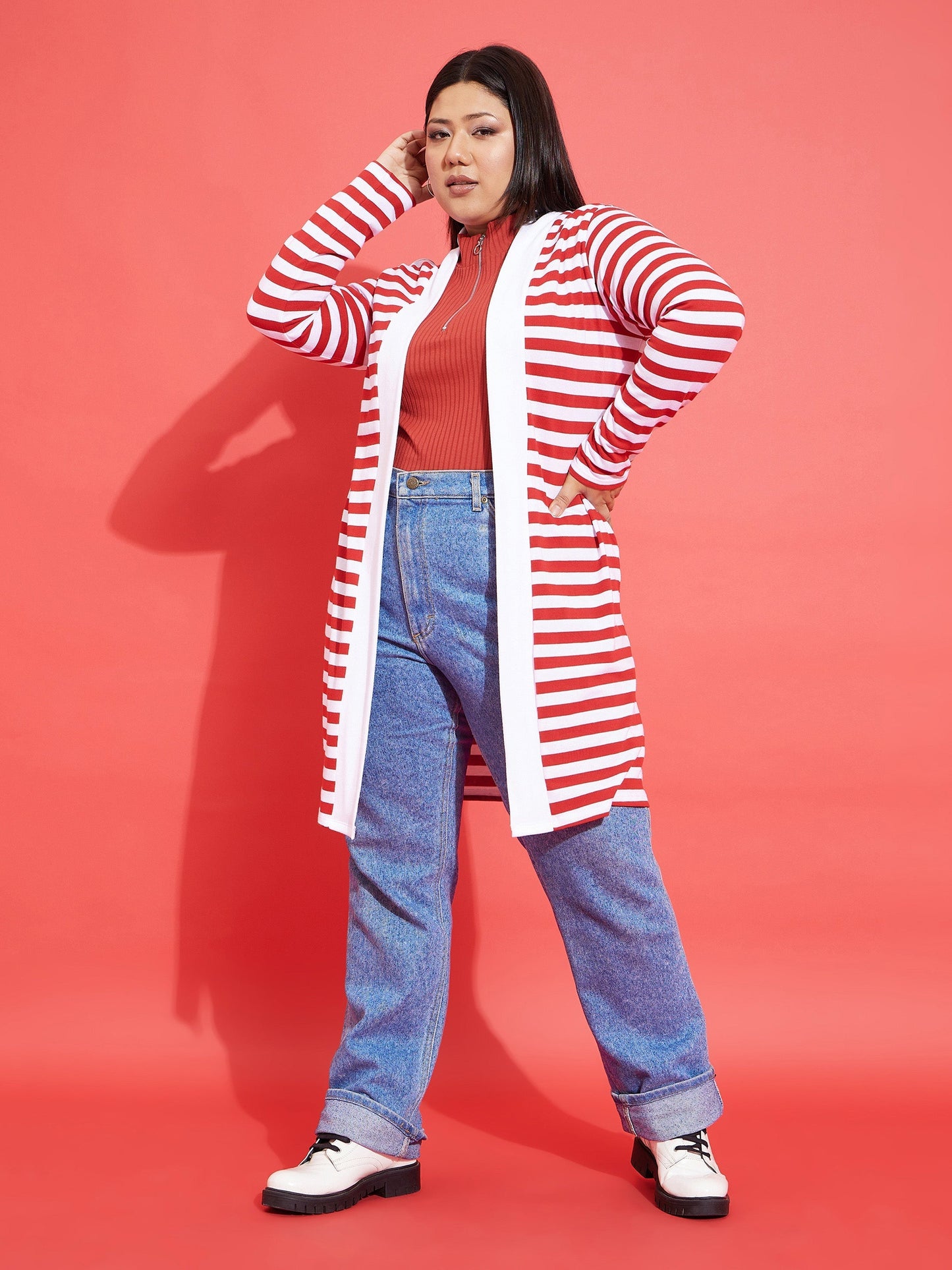 Red & White Striped Front Open Shrug-SASSAFRAS Curve