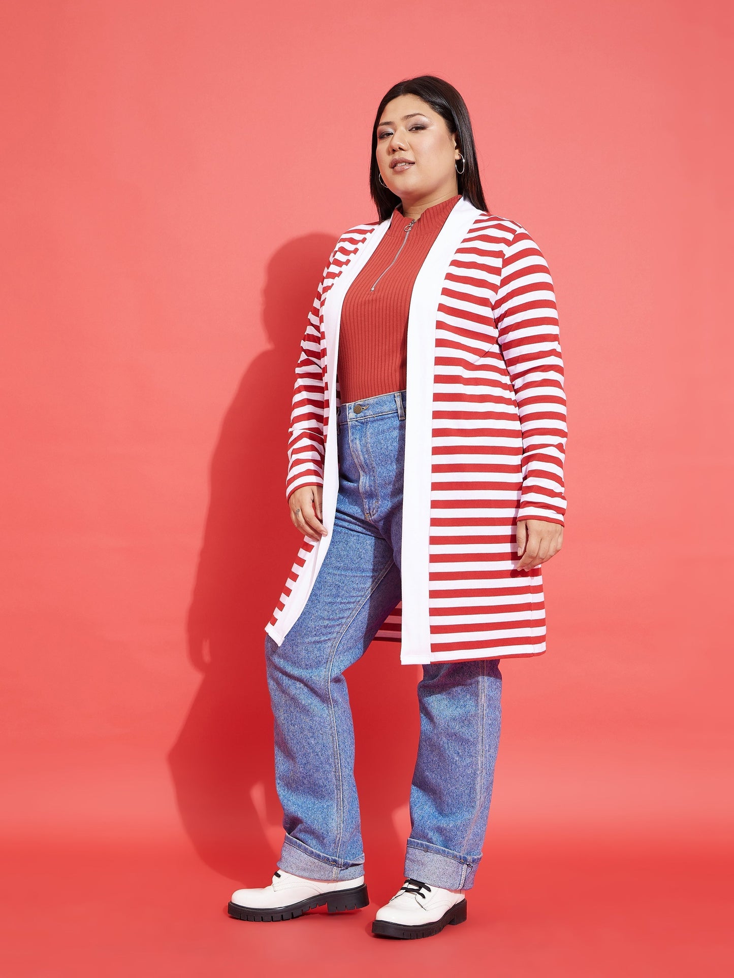Red & White Striped Front Open Shrug-SASSAFRAS Curve