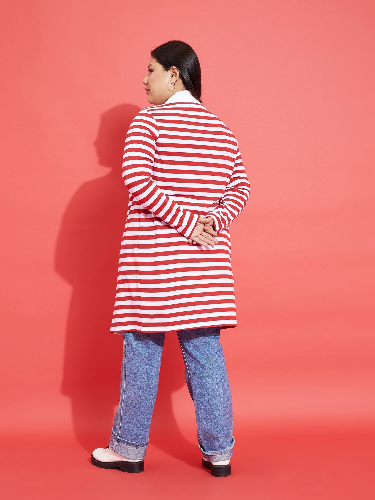 Red & White Striped Front Open Shrug-SASSAFRAS Curve