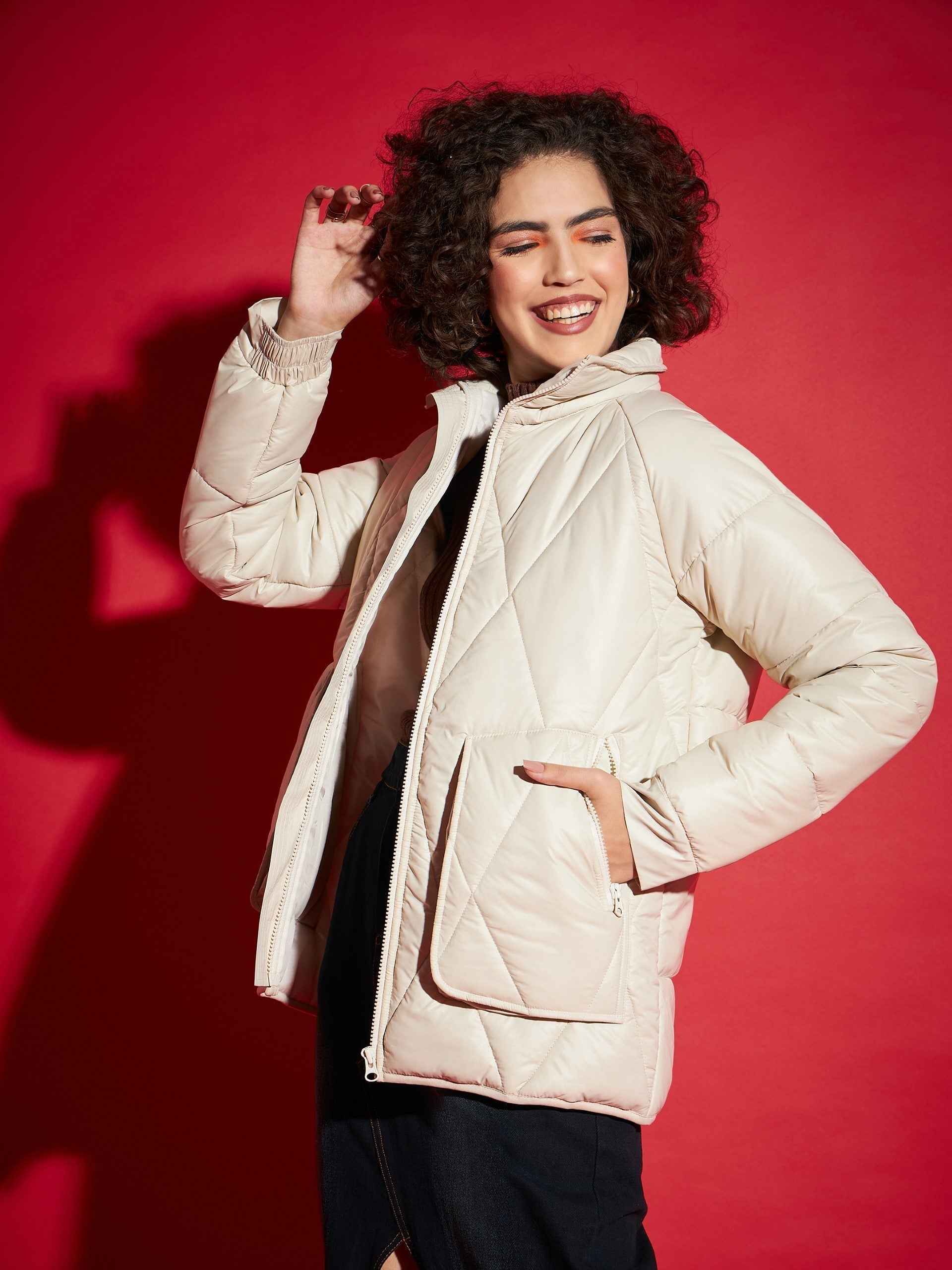 Beige High Neck Diamond Quilt Puffer Jacket-SASSAFRAS