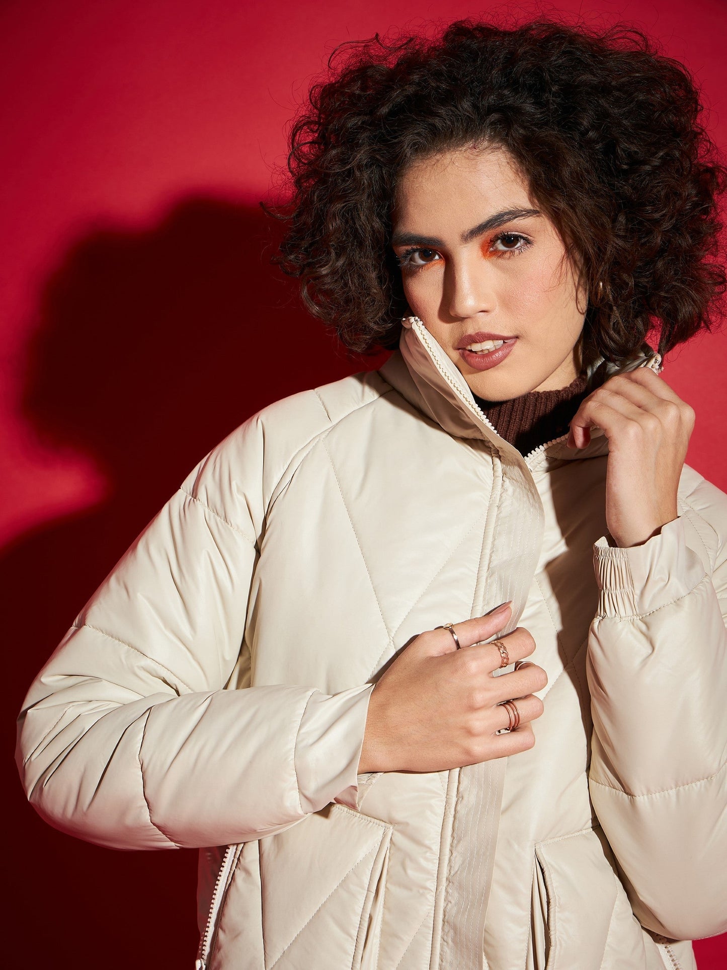 Beige High Neck Diamond Quilt Puffer Jacket-SASSAFRAS