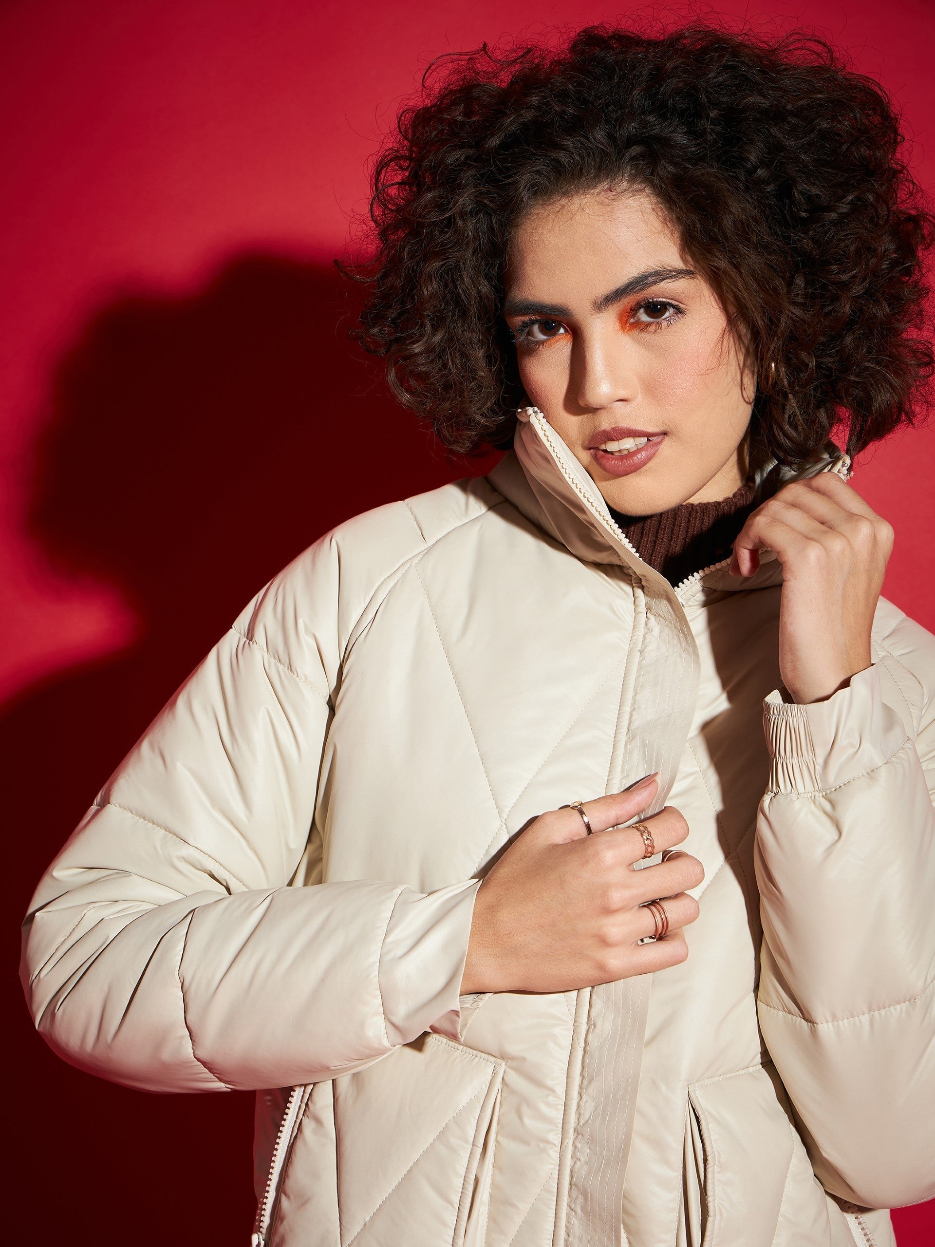 Beige High Neck Diamond Quilt Puffer Jacket-SASSAFRAS