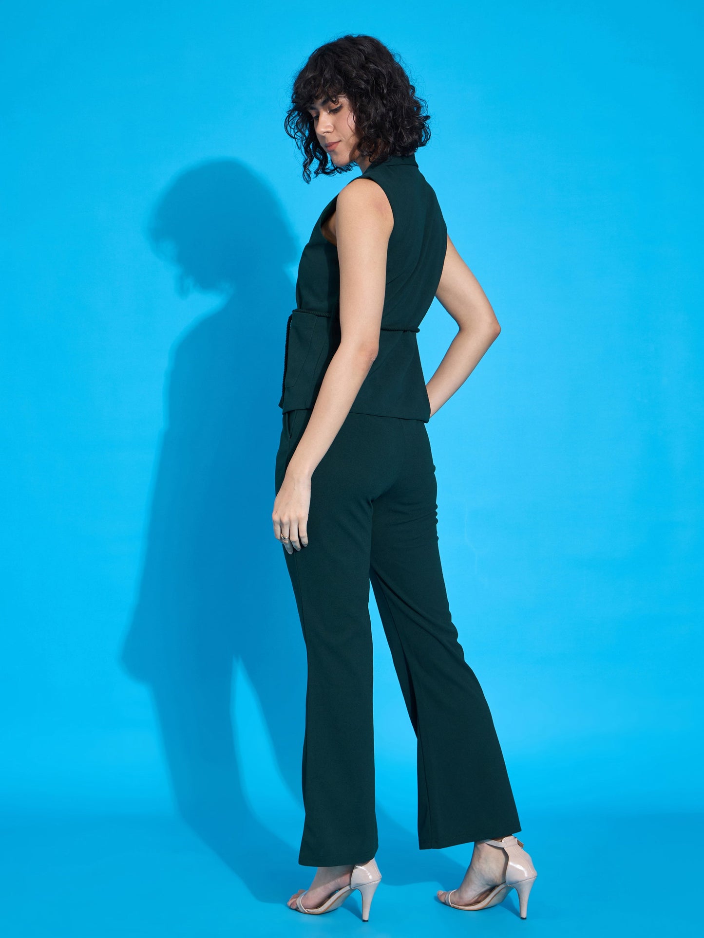 Women Emerald Sleeveless Tie-Up Blazer With Bell Bottom Pants