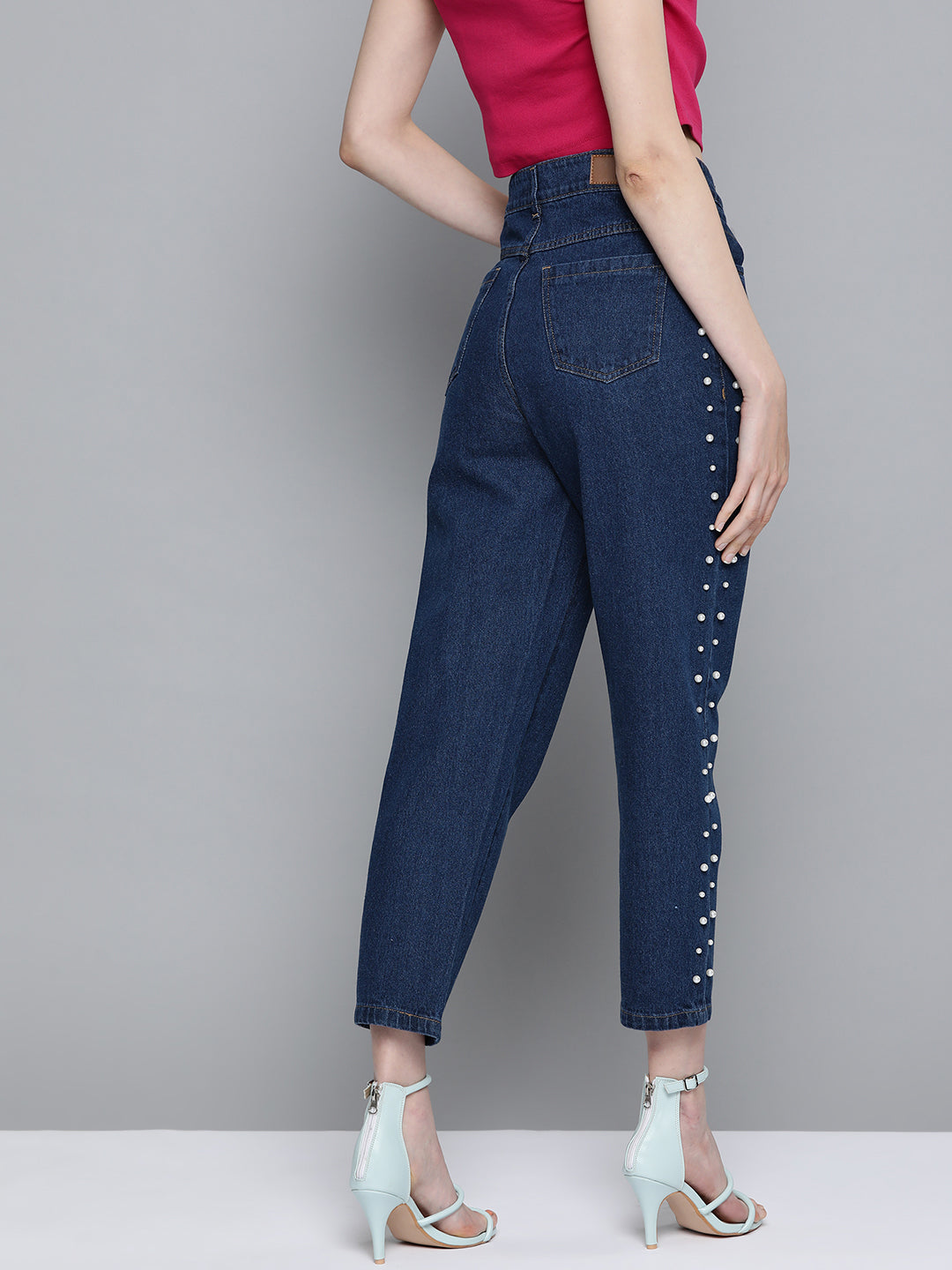Navy Side Pearl Detail Slouchy Jeans