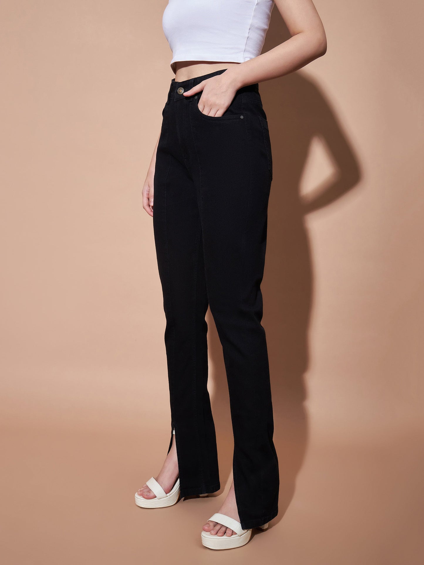 Black Mid Rise Skinny Fit Slit Jeans-SASSAFRAS BASICS
