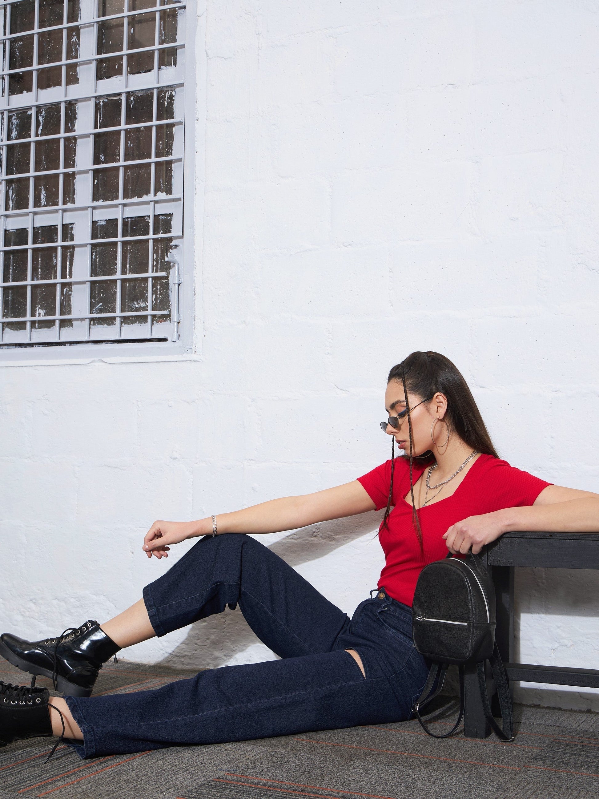 Navy Washed Thigh Cut Out Straight Jeans -SASSAFRAS