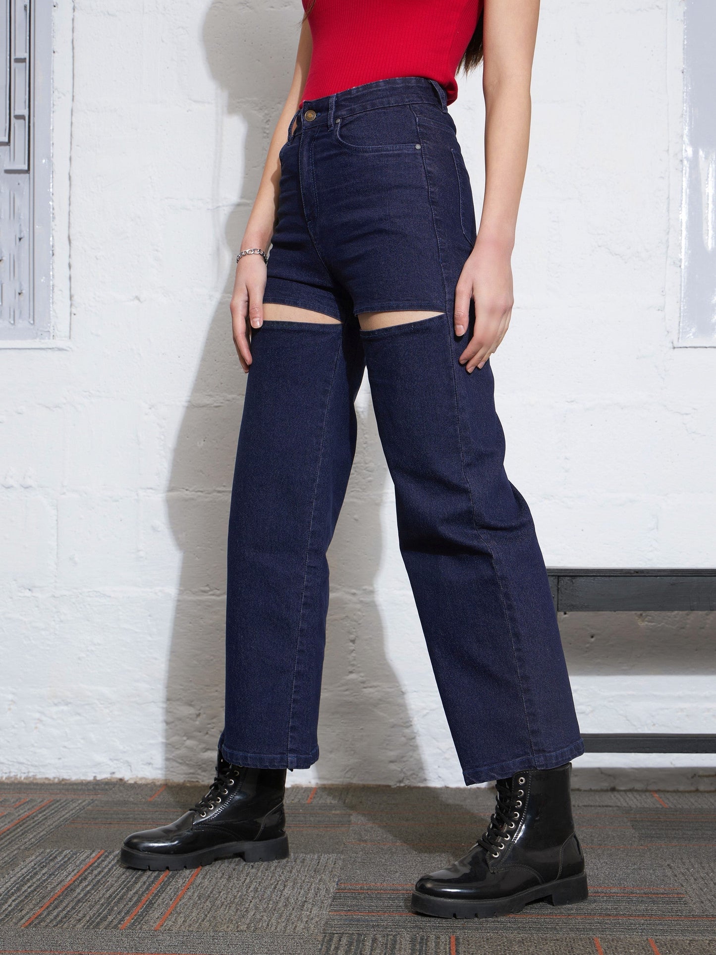 Navy Washed Thigh Cut Out Straight Jeans -SASSAFRAS