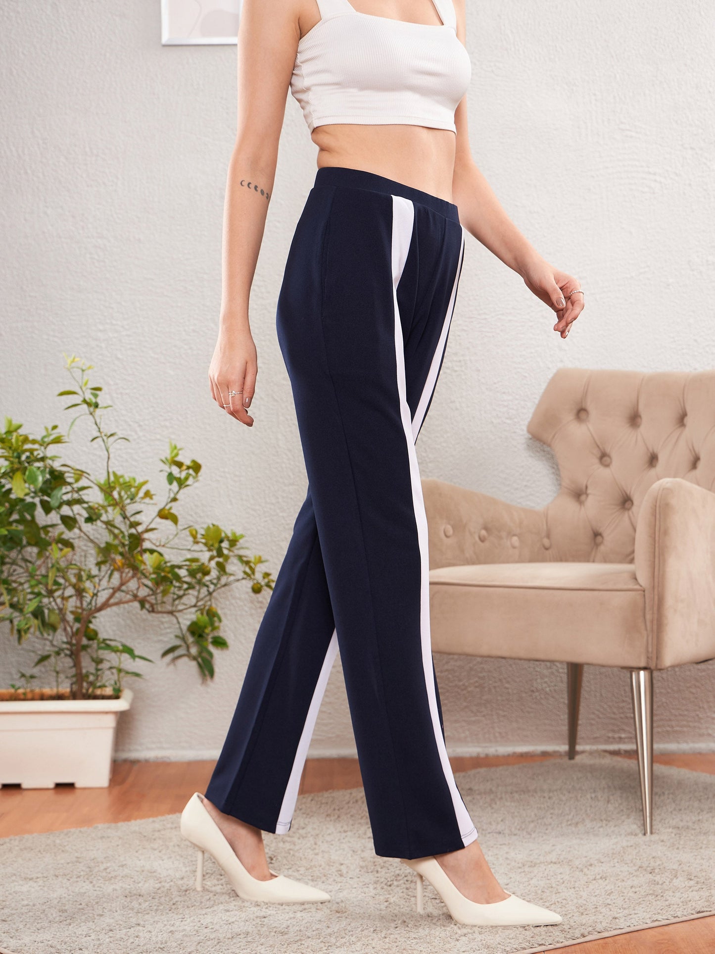 Women Navy Front Tape Bootleg Pants