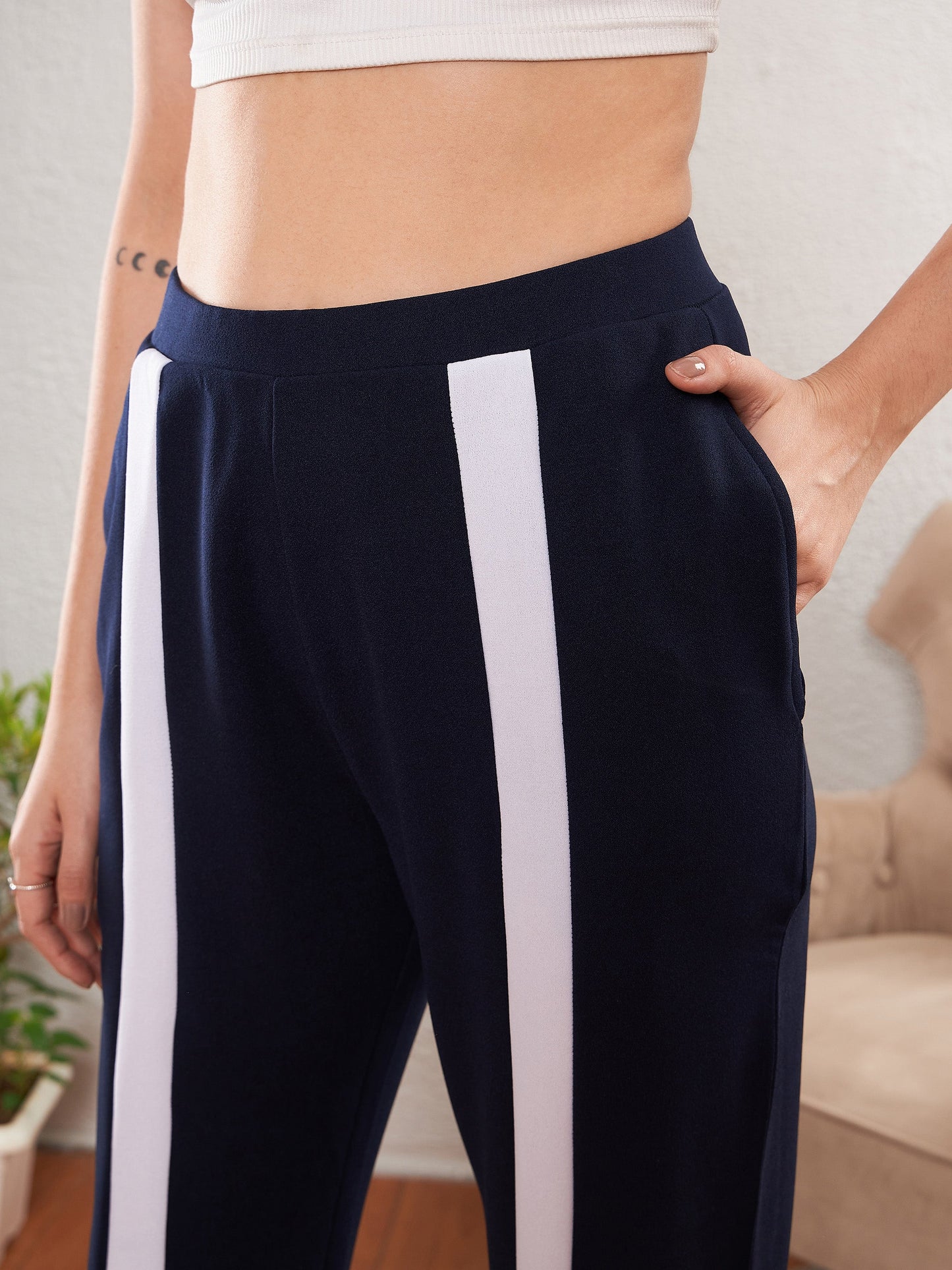 Women Navy Front Tape Bootleg Pants