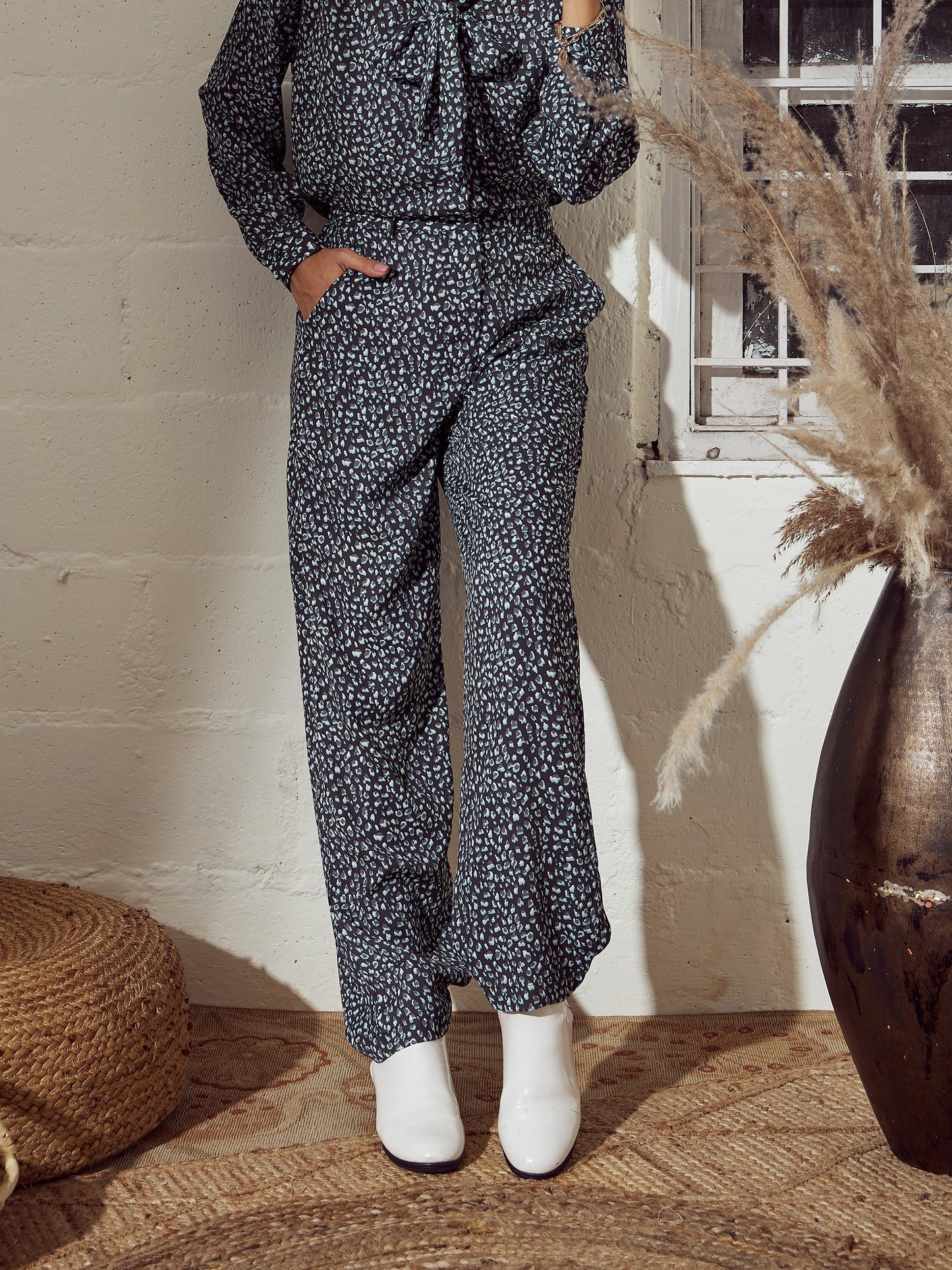 Grey Animal Straight Pants-SASSAFRAS