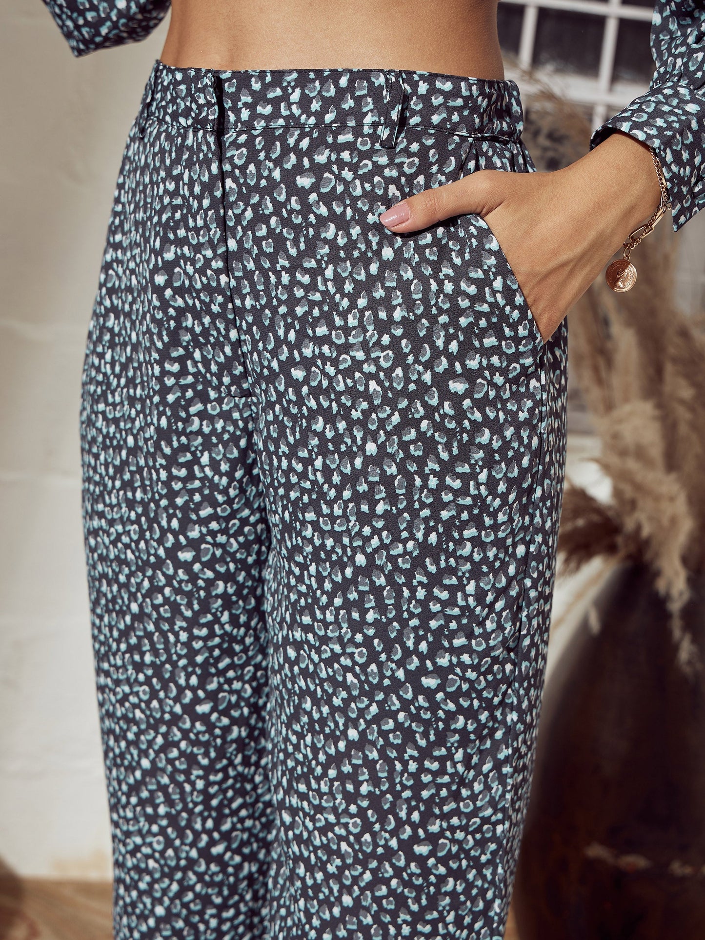 Grey Animal Straight Pants-SASSAFRAS