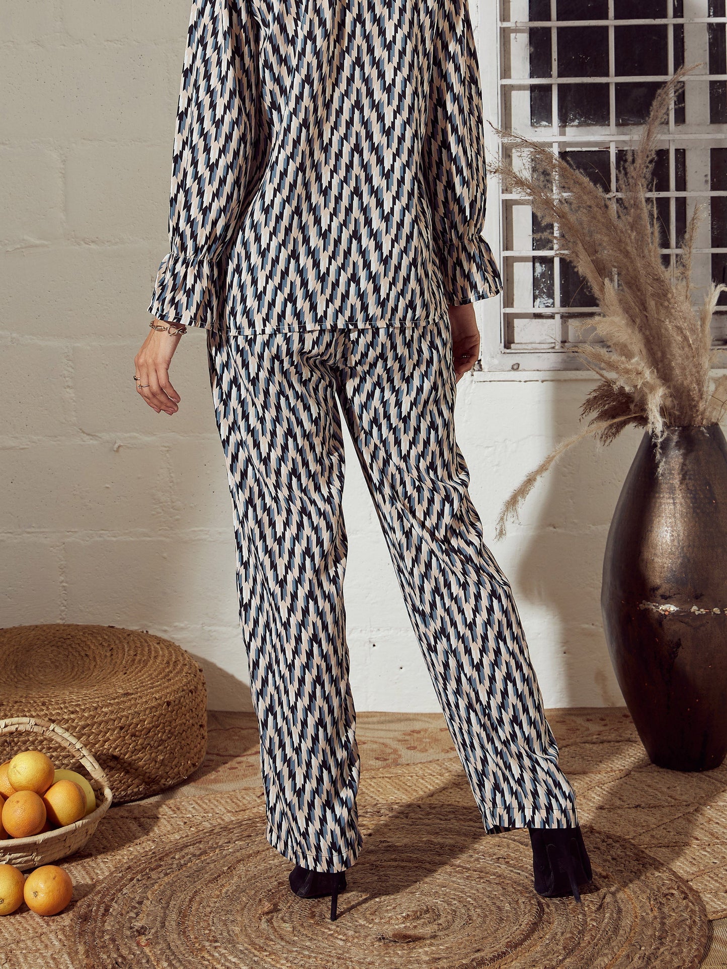 Beige Abstract Straight Pants-SASSAFRAS