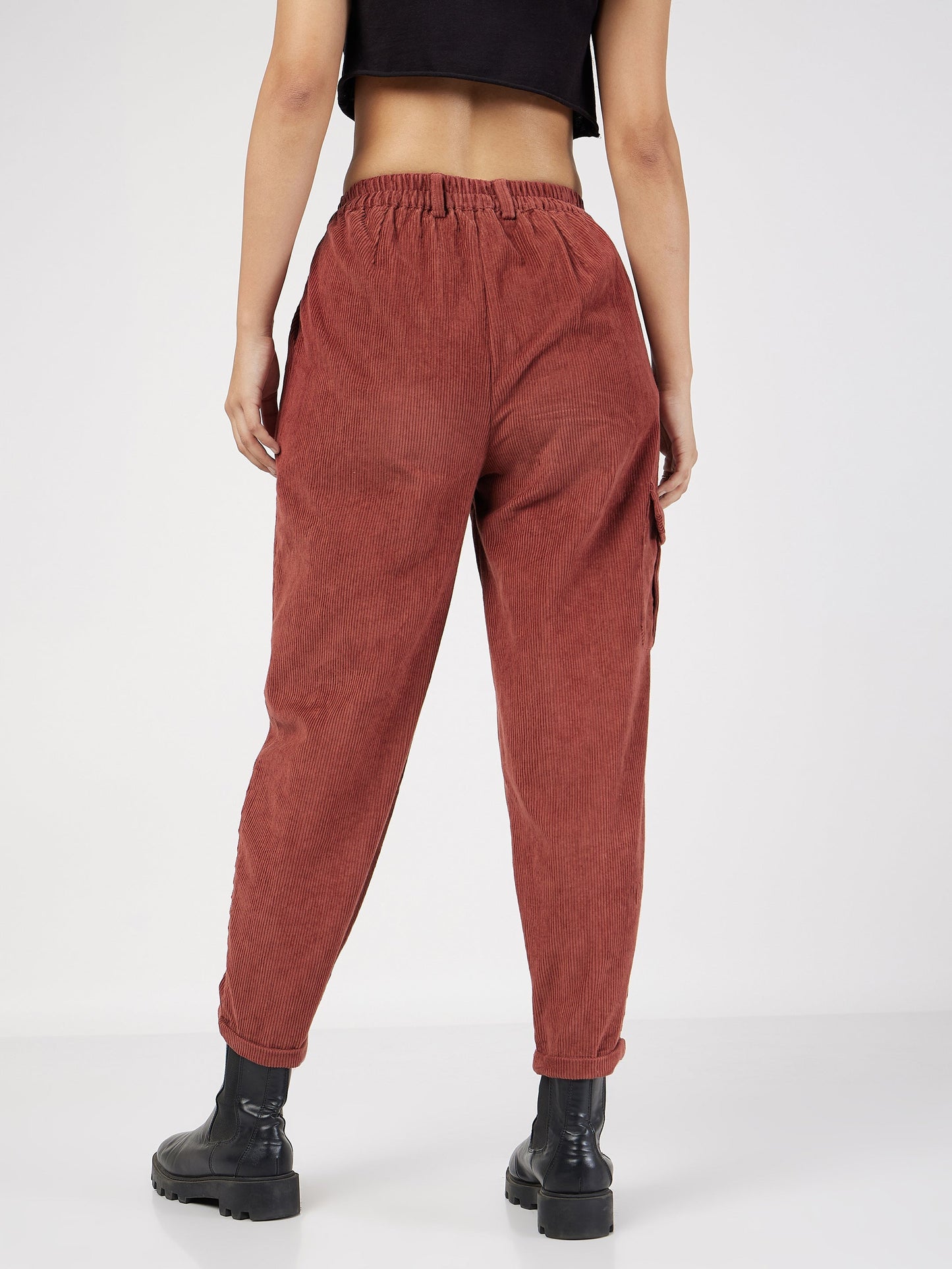 Women Rust Corduroy Carrot Fit Pants