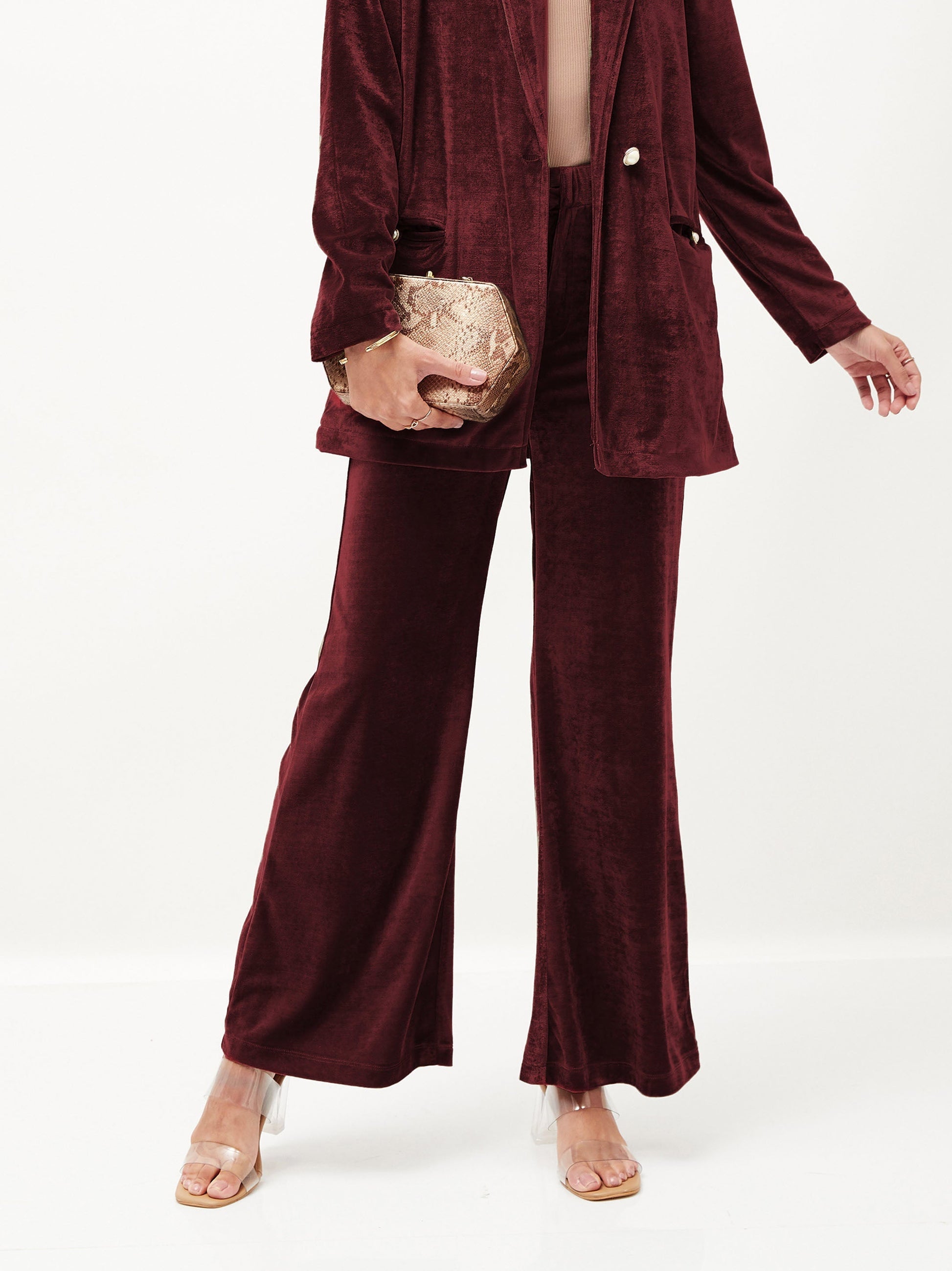 Maroon Velvet Bell Bottom Pants-SASSAFRAS
