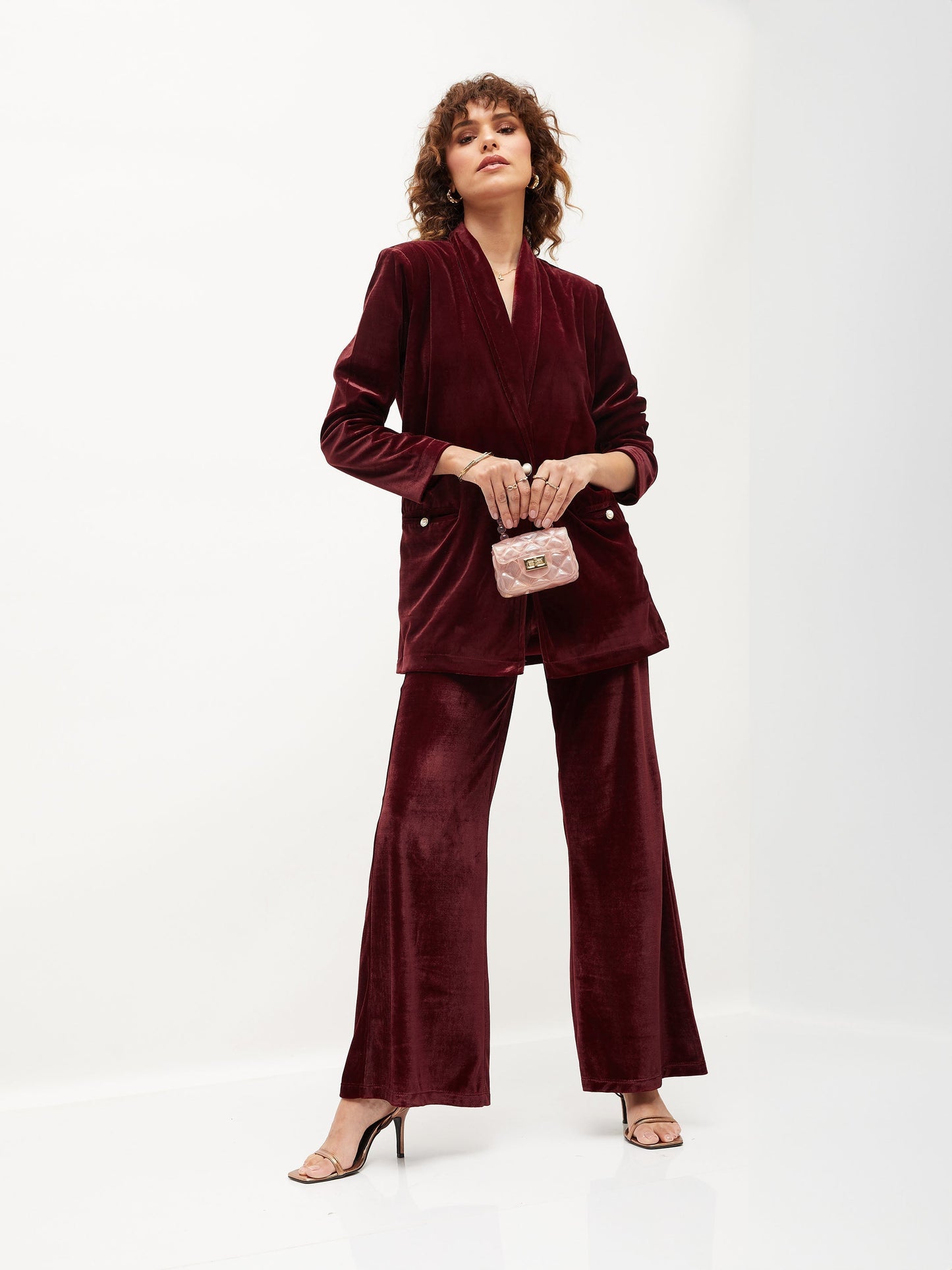 Maroon Velvet Bell Bottom Pants-SASSAFRAS