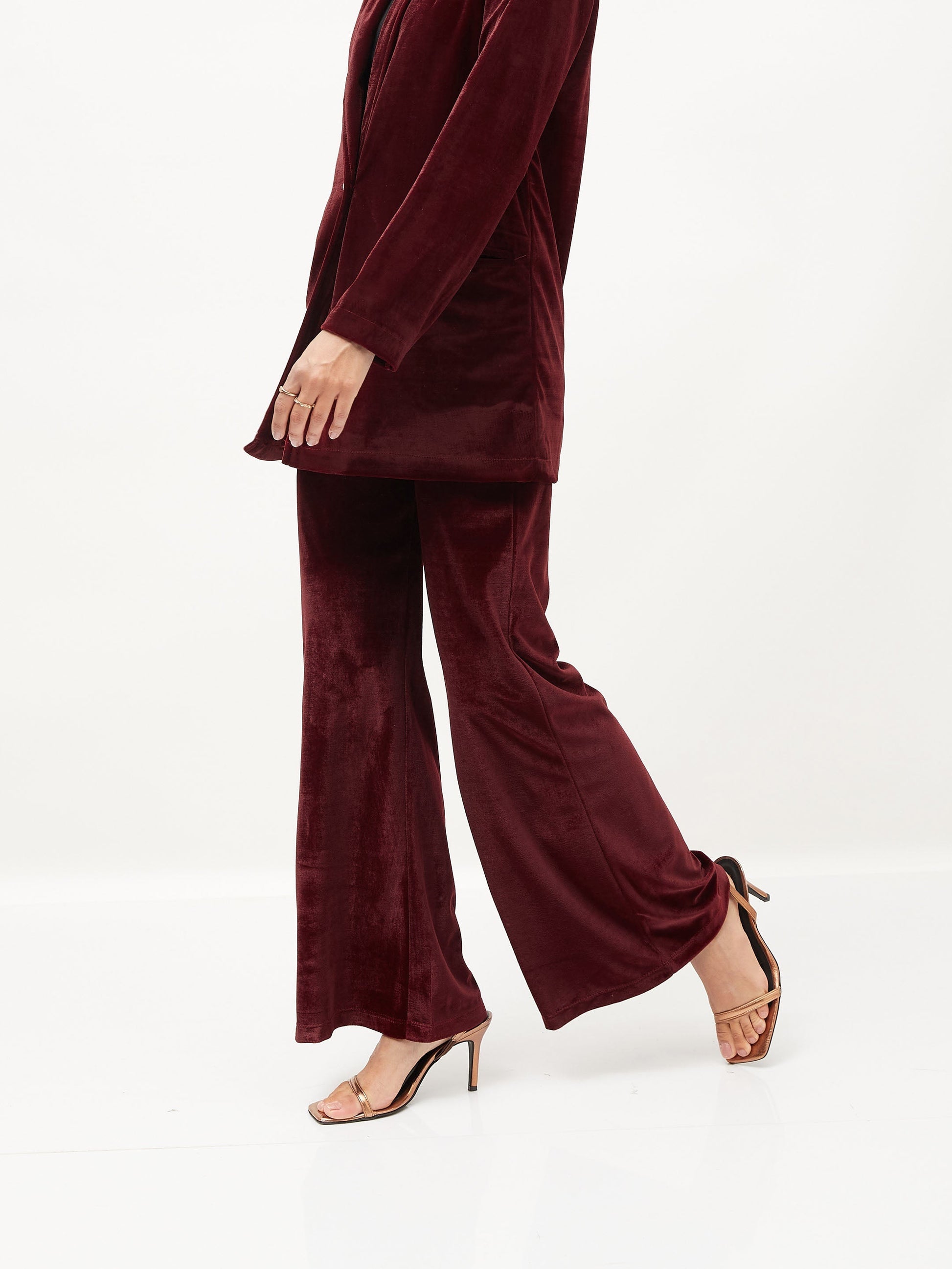 Maroon Velvet Bell Bottom Pants-SASSAFRAS