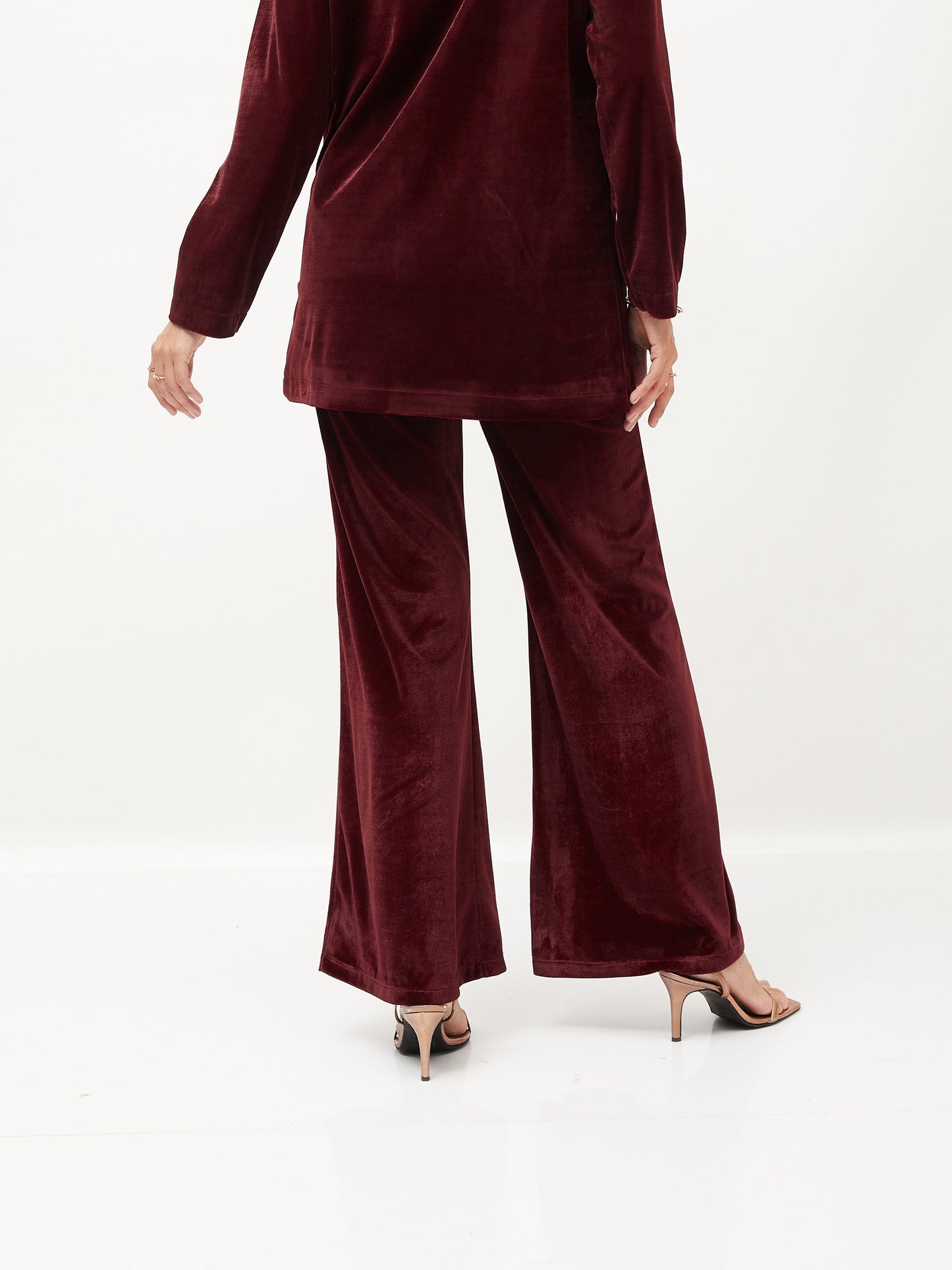 Maroon Velvet Bell Bottom Pants-SASSAFRAS