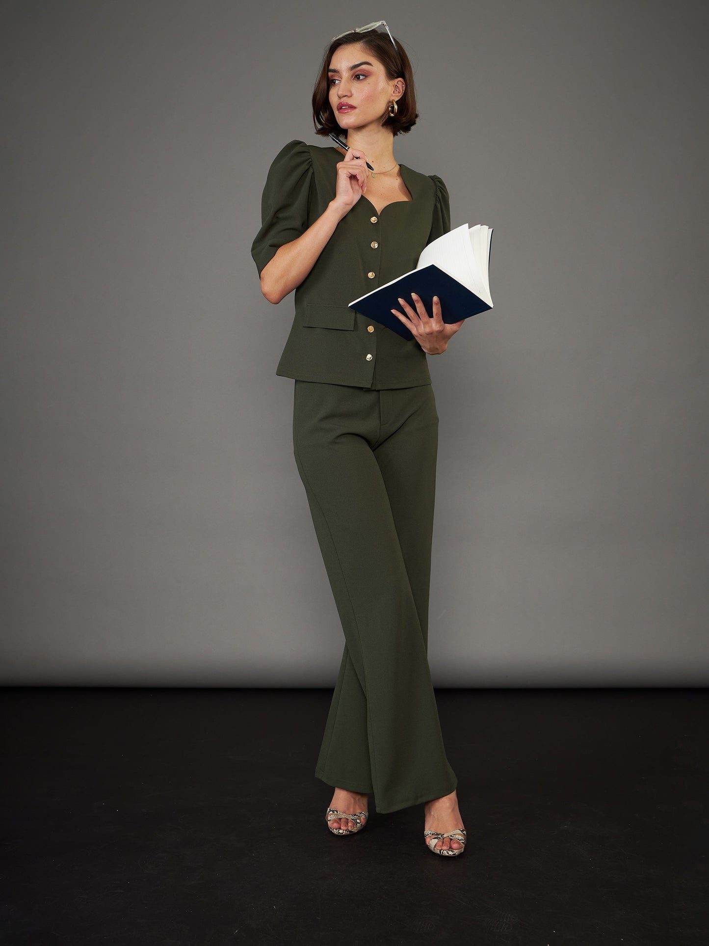 Women Olive Knitted Bell Bottom Pants
