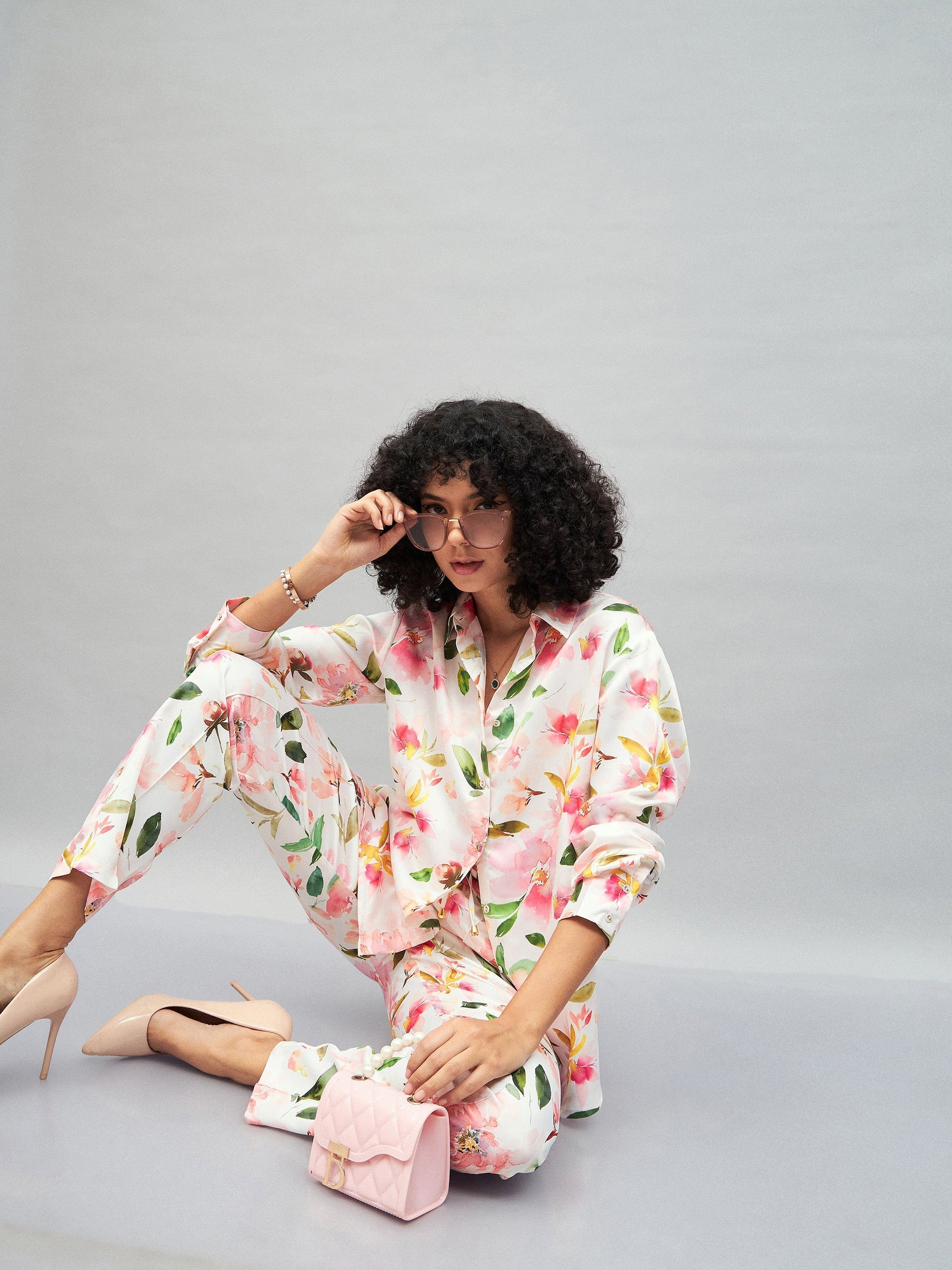 White Satin Floral Darted Pants-SASSAFRAS