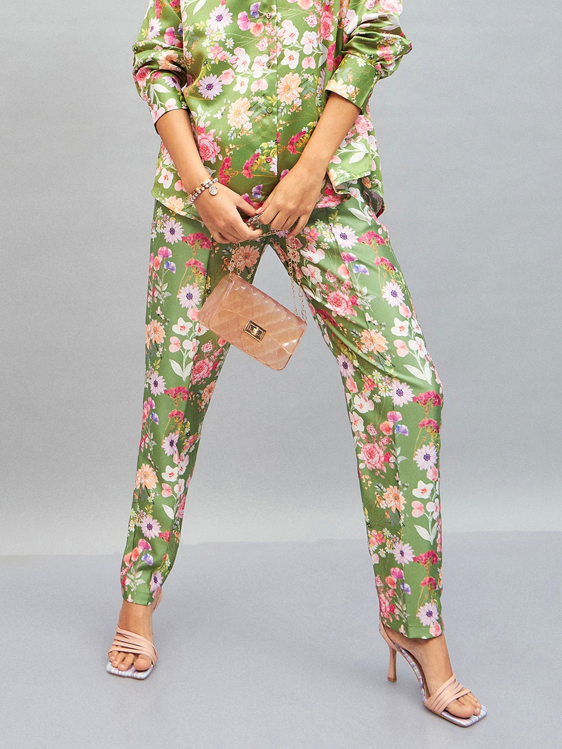 Olive Satin Floral Darted Pants-SASSAFRAS