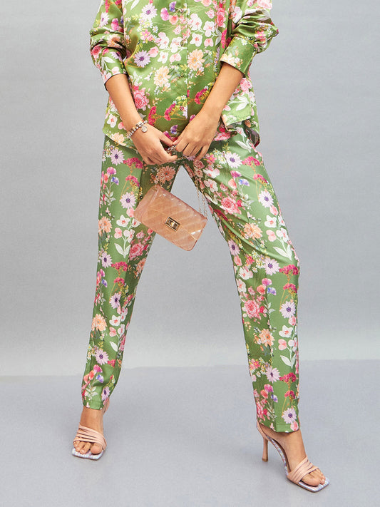 Olive Satin Floral Darted Pants-SASSAFRAS
