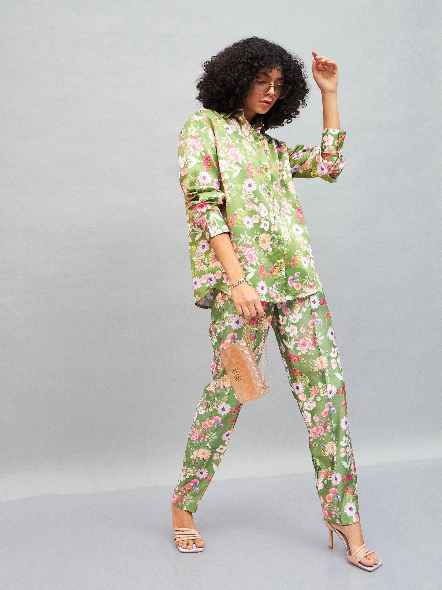 Olive Satin Floral Darted Pants-SASSAFRAS