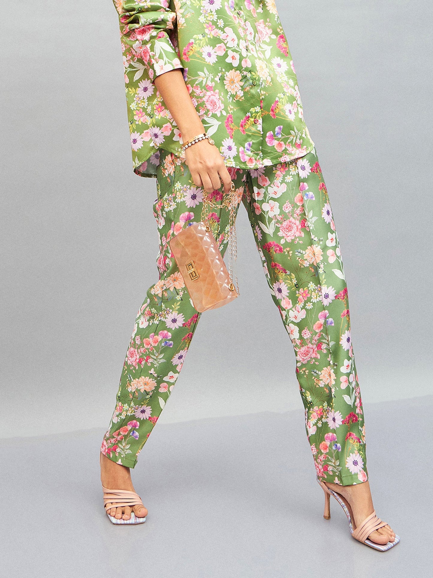 Olive Satin Floral Darted Pants-SASSAFRAS