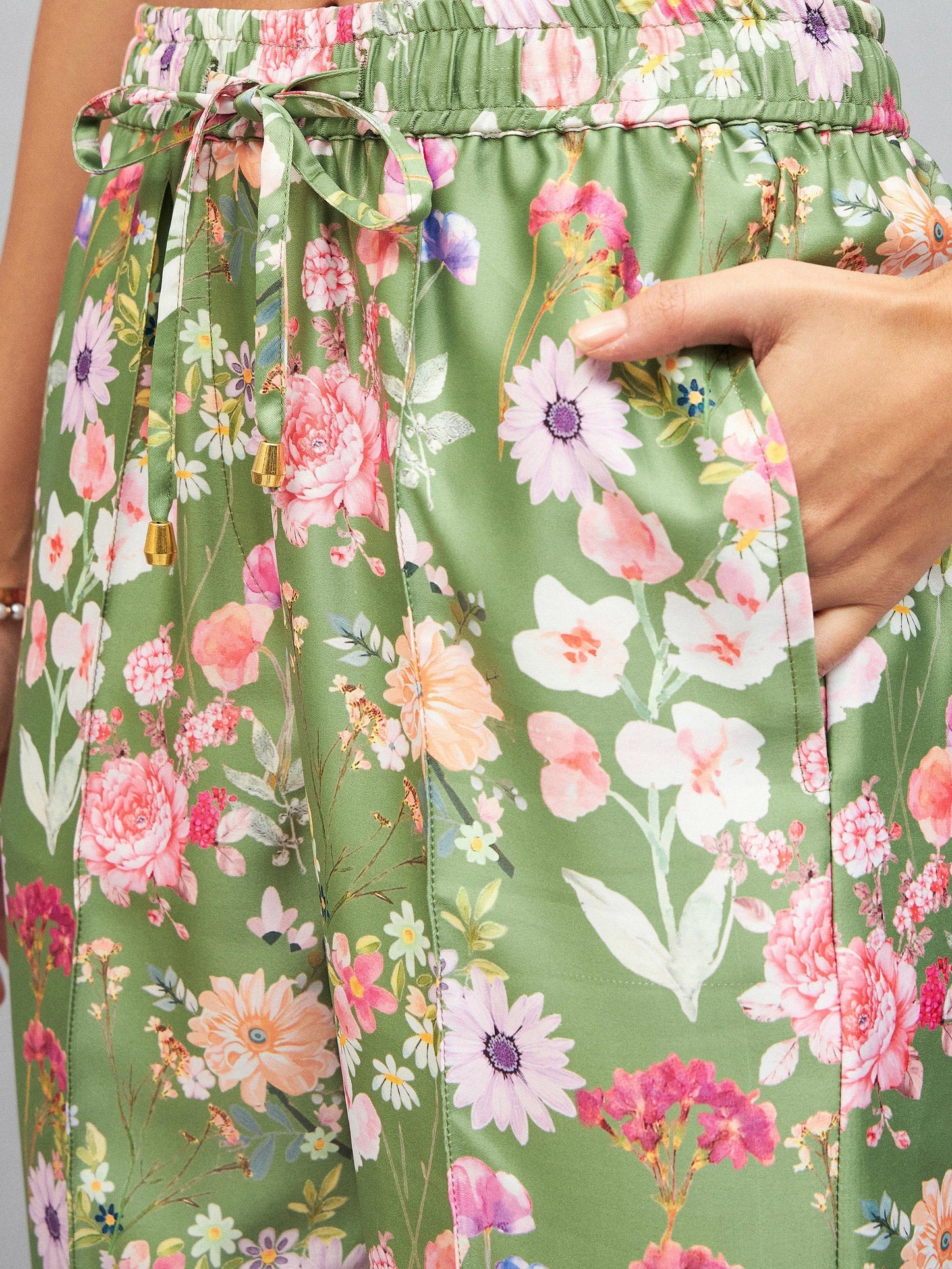 Olive Satin Floral Darted Pants-SASSAFRAS
