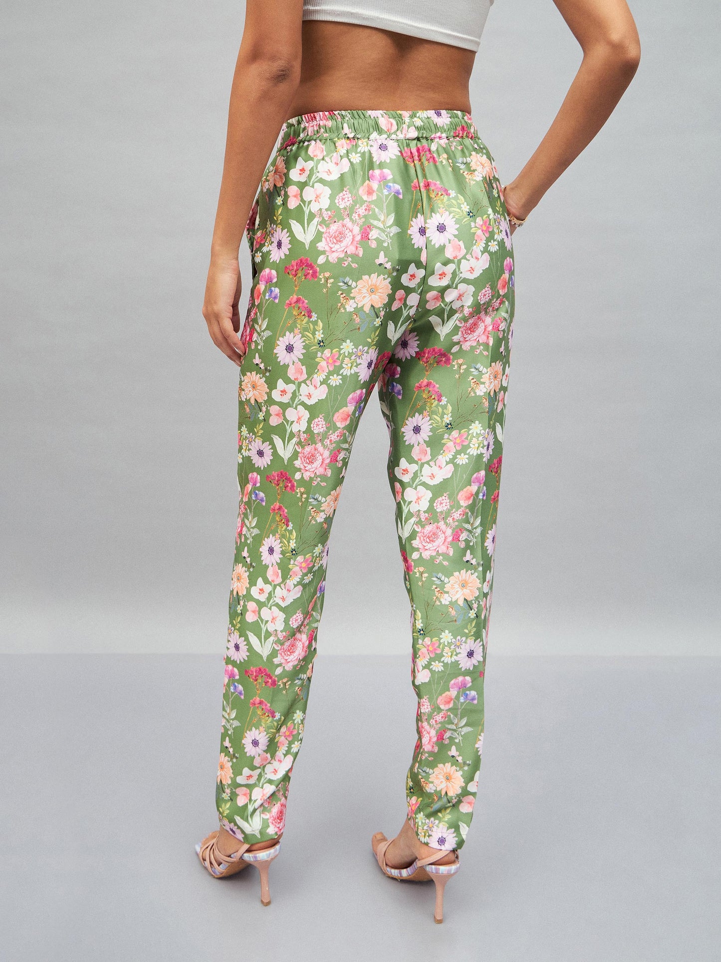 Olive Satin Floral Darted Pants-SASSAFRAS