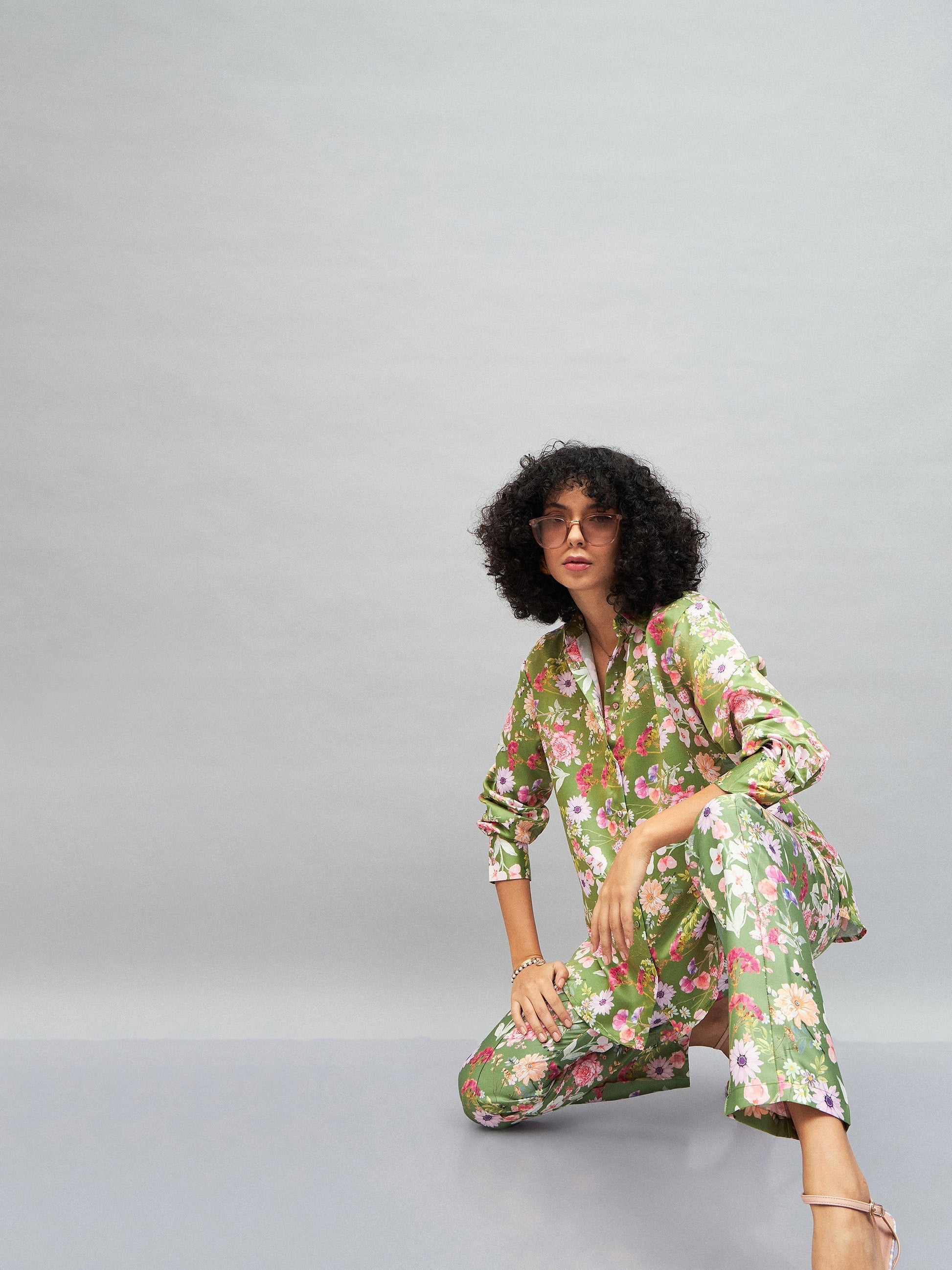 Olive Satin Floral Darted Pants-SASSAFRAS