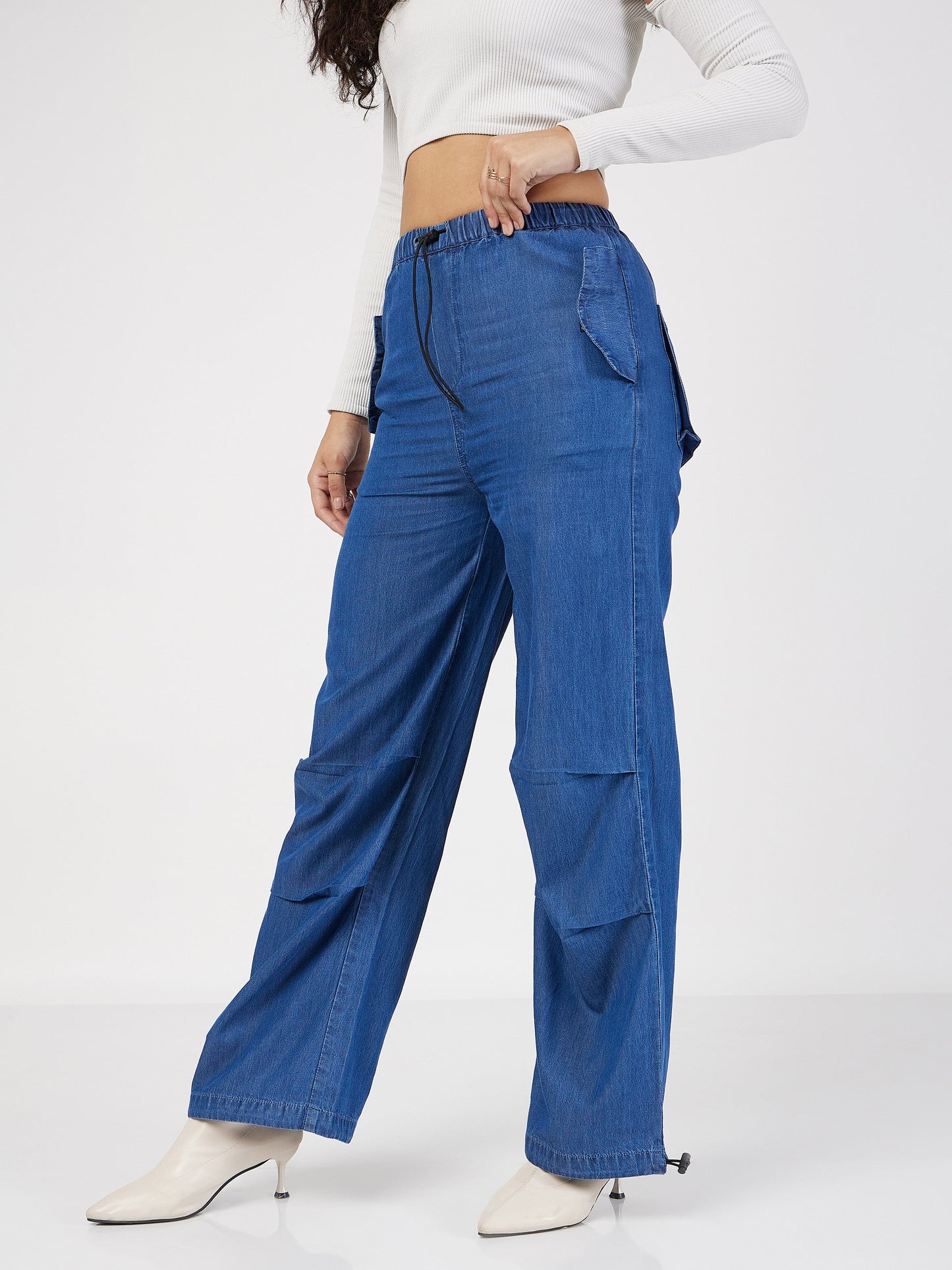 Blue Denim Baggy Fit Cargo Pants-SASSAFRAS